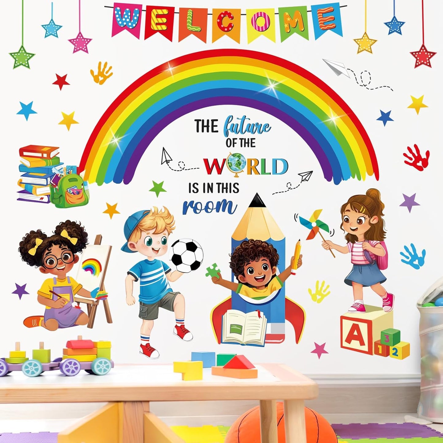 decalmile Rainbow Reading Corner Wall Decals Handprint The Future of The World Inspirational Quotes Wall Stickers Kids Playroom School Library Classroom Wall Decor