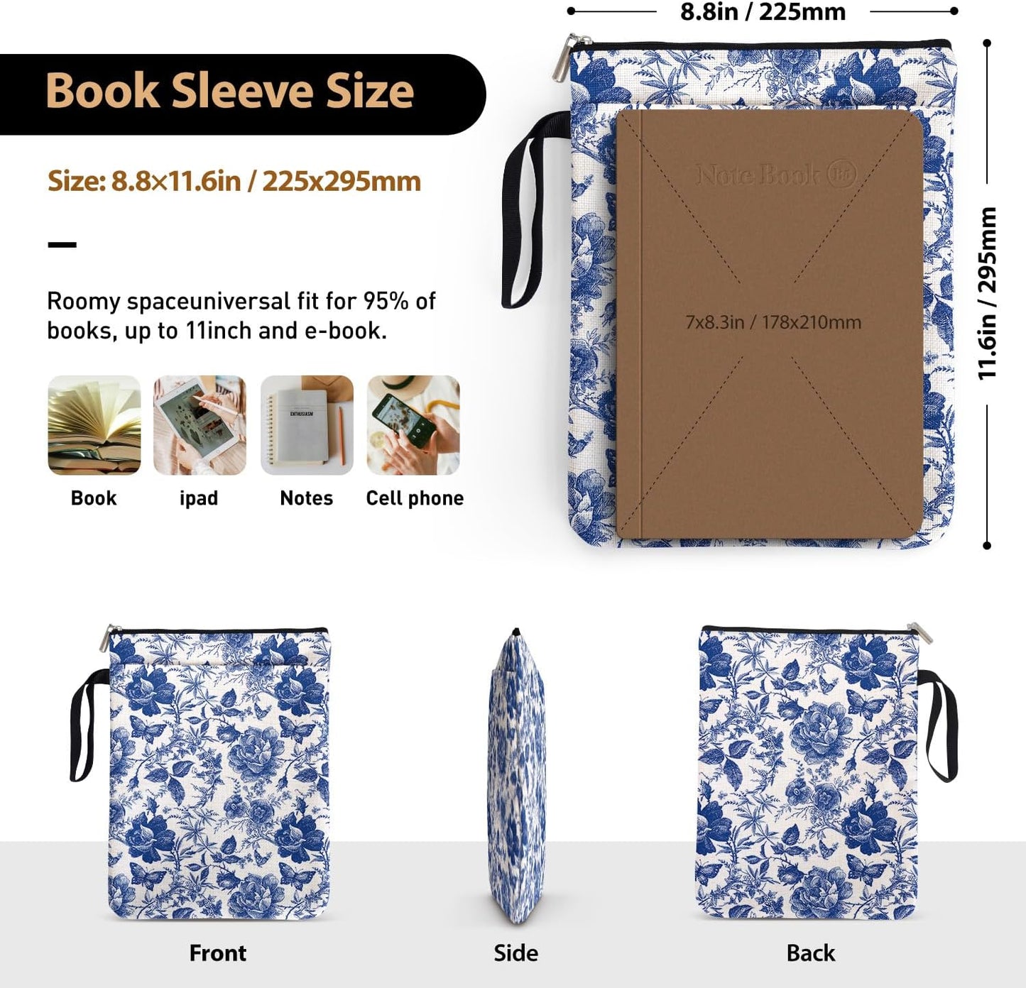 Blue and White Porcelain Vintage Chinoiserie Printing Book Lovers Gifts Book Sleeve for Women Grandma Readers Librarian with Handled Waterproof BookCover Case Book Club Gifts Book Accessories