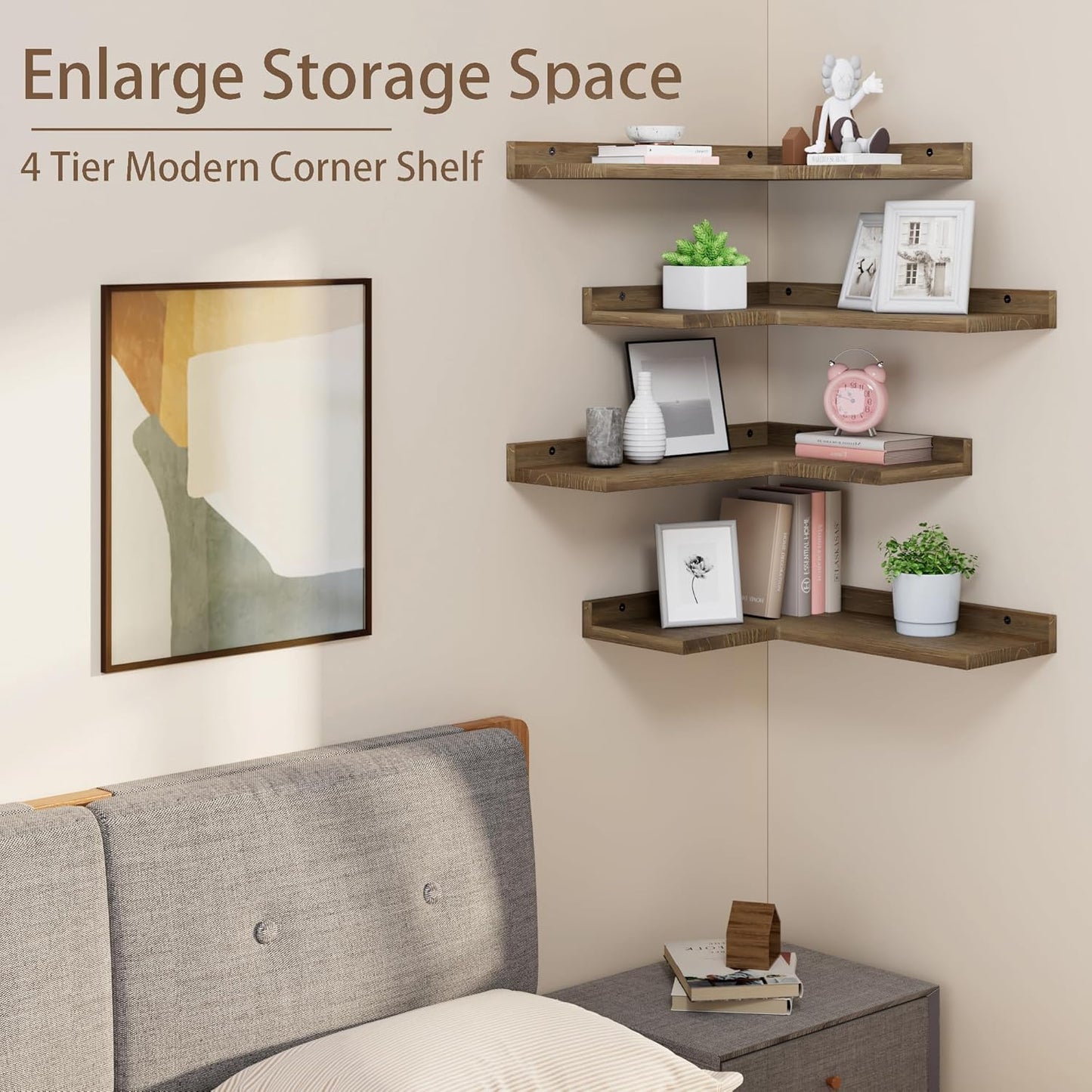 Floating Corner Shelves Set of 4, Rustic Pine Wooden Floating Corner Wall Shelf for Wall Décor Storage, L Shaped Corner Shelf Wall Mount For Bedroom, Living Room, Bathroom, Kitchen, Light Brown