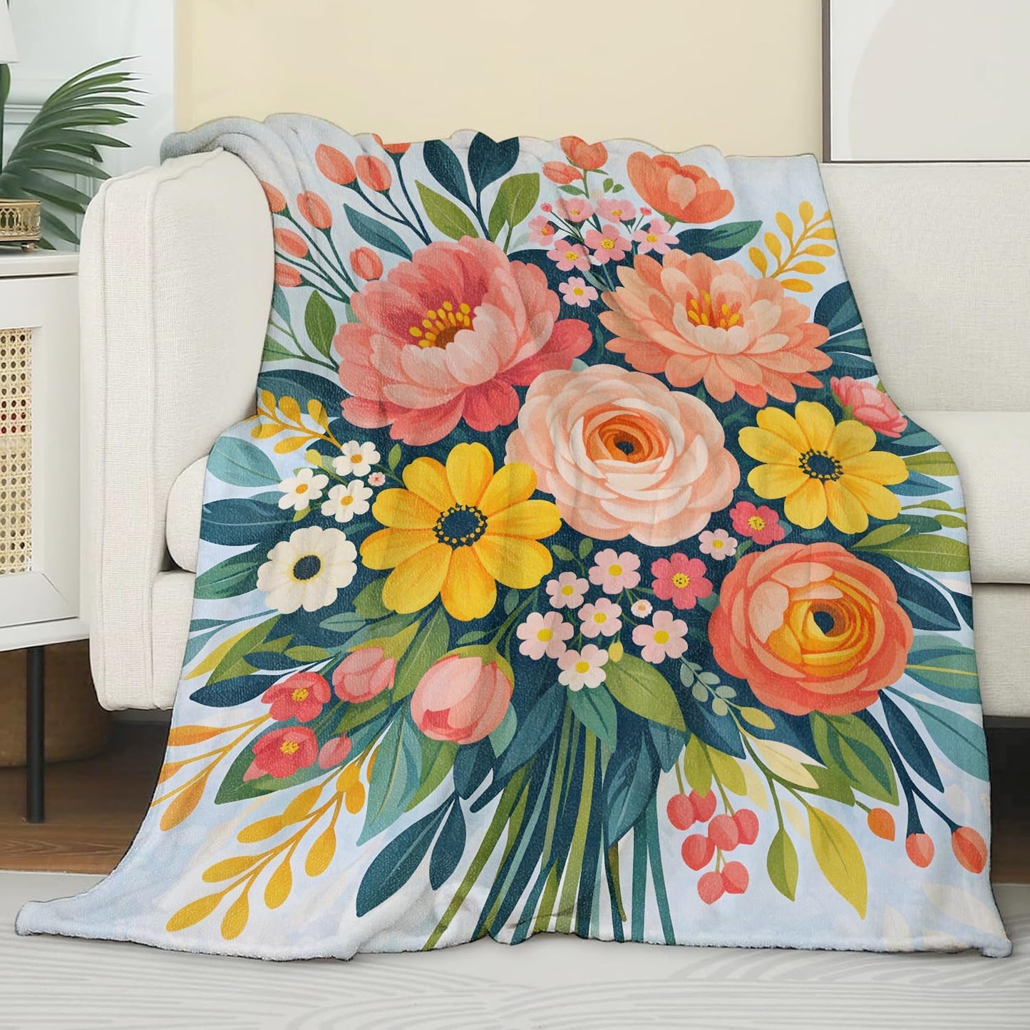 Colorful Floral Flannel Blanket, Soft Cozy Throw with Vibrant Flower Botanical, Bright Home Bedroom Decor and Gifts for Women Kids Girls, Lightweight Blankets for All Seasons, 50x60 Inch