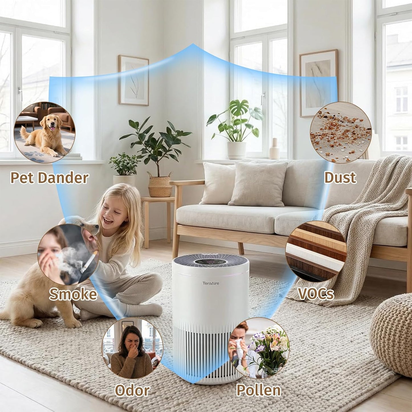 Air Purifiers for Bedroom Home, Air Purifier with PM 2.5 Air Quality Monitor Cover Up to 1235 Ft², Air Filter Cleaner with 5 mode Light, Sleep Mode, Timer, Fragrance Sponge for Smoke, Odor, Dander