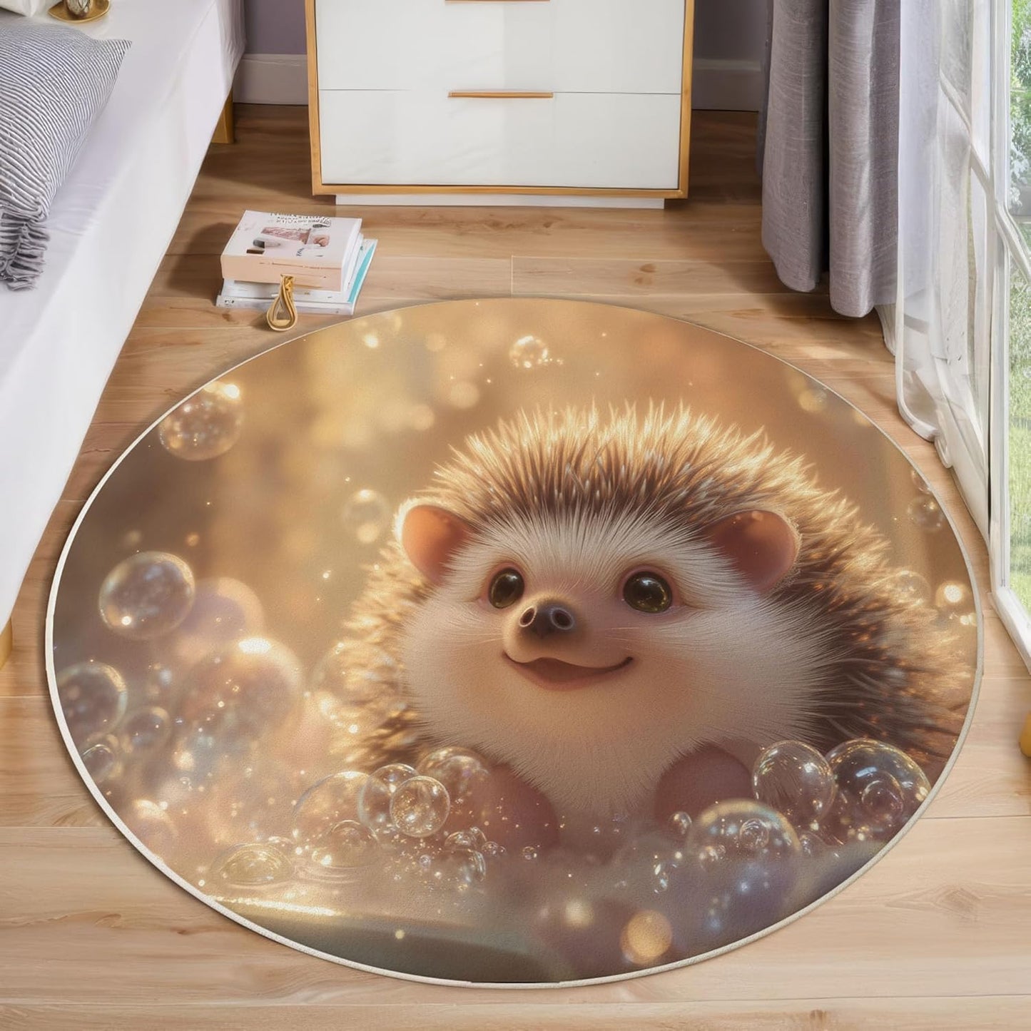 Modern Round Area Rug for Living Room, 6Ft Washable Round Rug Beige Yellow Cute Sunny Hedgehog Circle Rugs for Dining Room Table, Fun Animal Bathtub Small Circular Floor Carpet for Bedroom
