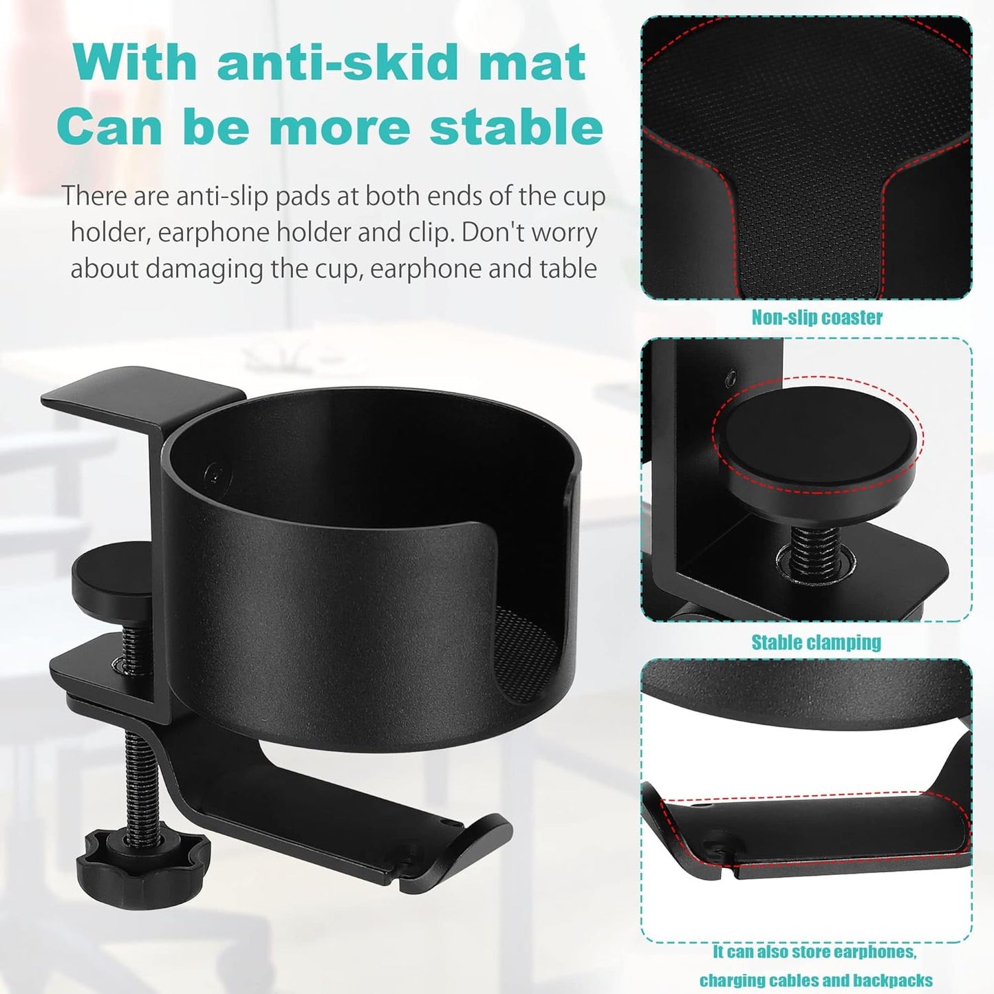 2 in 1 Desk Cup Holder with Headphone Hanger Holder, Anti-Spill Cup Holder-360° Rotation Aluminum Alloy Stand Hook Bearing Capacity 10kg/22lb Suitable for Coffee Mups,Water Cups,Bag,Headphone