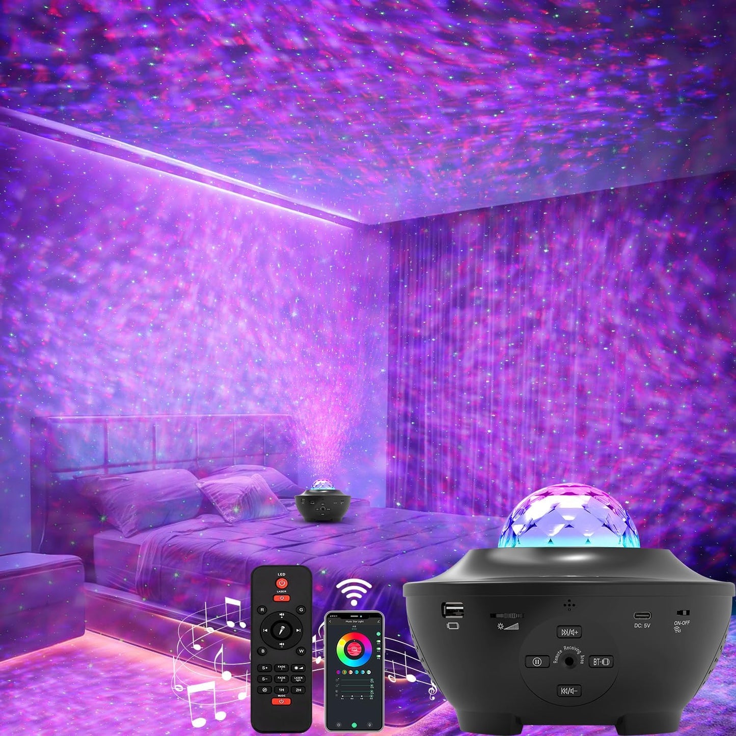 Elec3 Galaxy Projector for Bedroom, Ocean Light Projector with Bluetooth Speaker and RC Water Wave Lamp Northern Night Light Ocean Themed Decor Ambient Lights for Kids Adult Bedroom/Game Room Decor