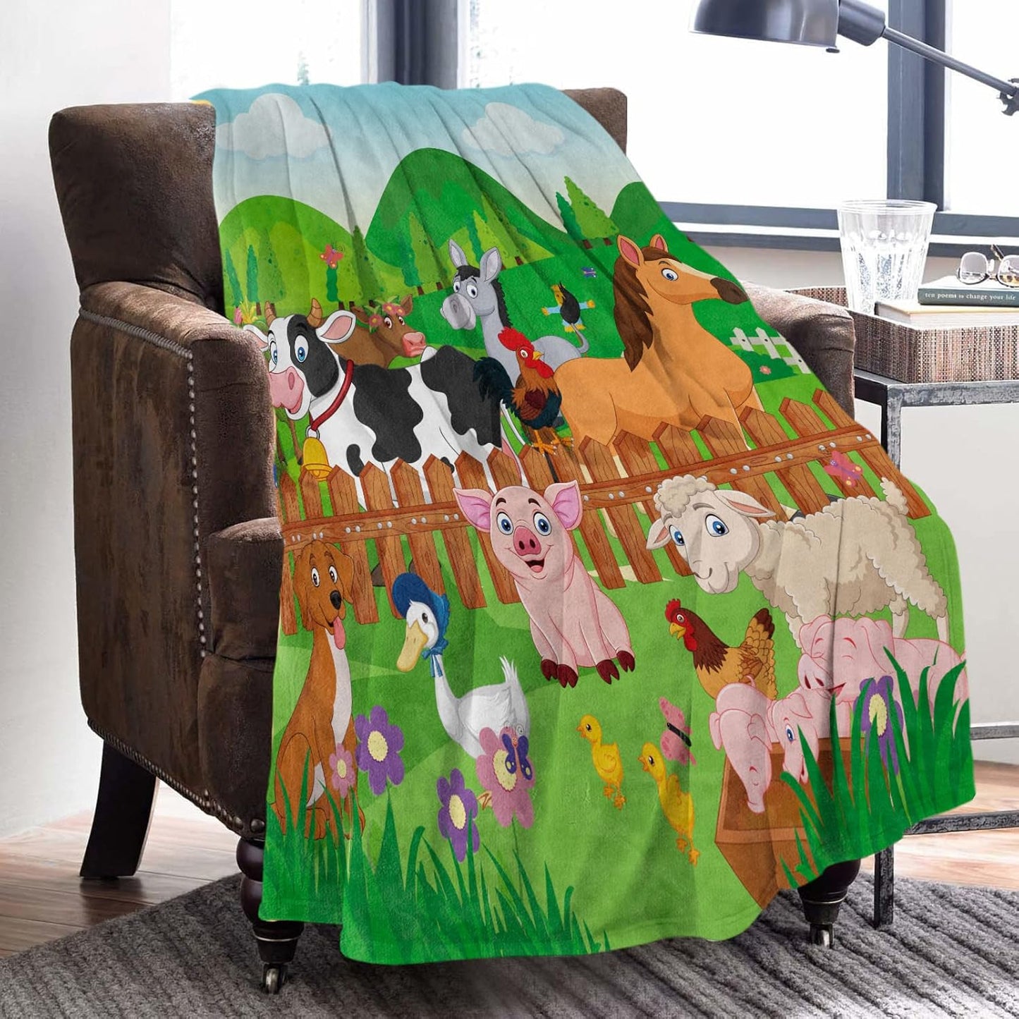 Farm Animal Throw Blanket, Cute Farm Animal Blanket for Kids, Soft Cozy Flannel Farm Dog Pig Lamb Hen Horse Cow Blankets, Fluffy Fleece Cartoon Animal Blanket for Teenagers Girl Boy Gifts, 50x60 Inch