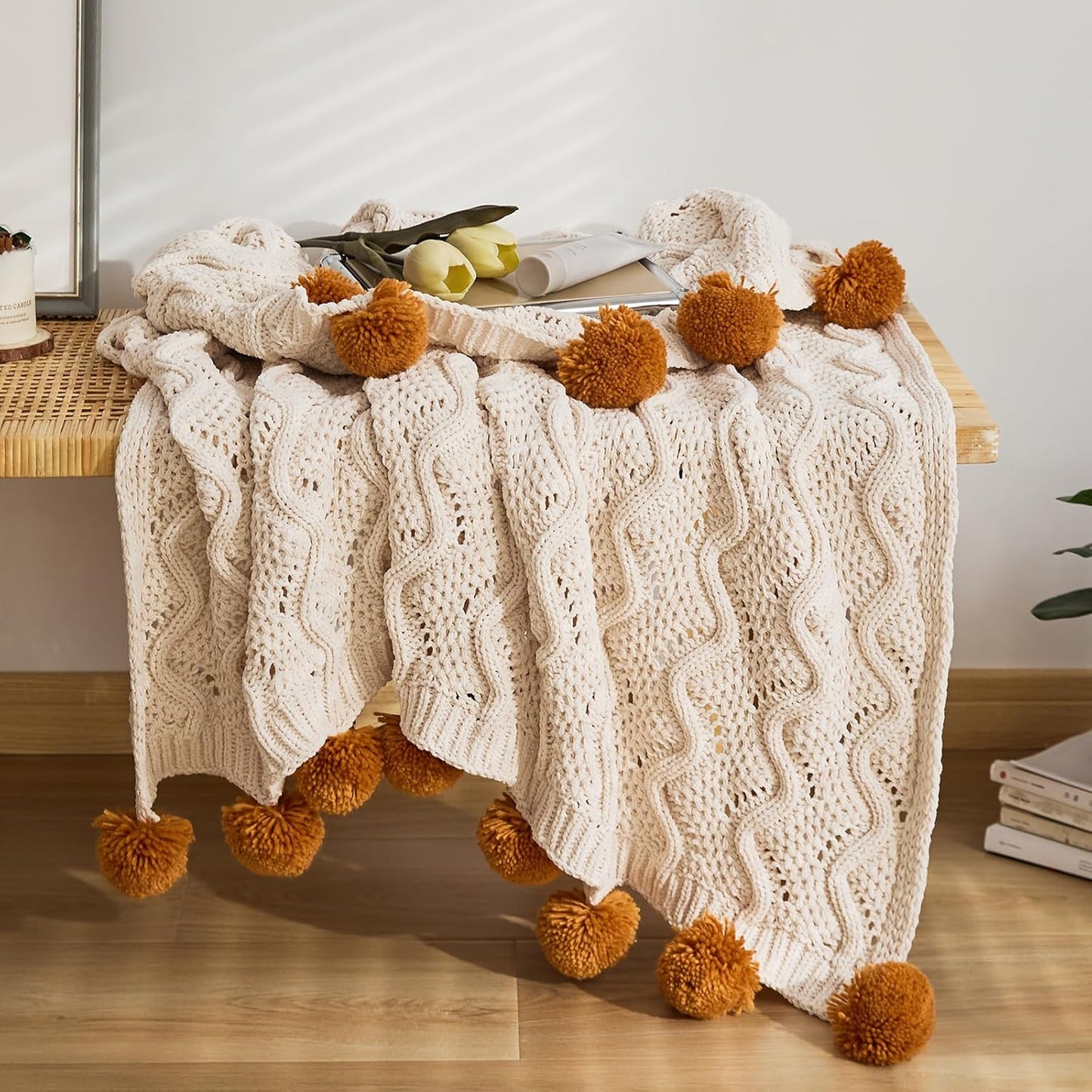 vctops Boho Chenille Knitted Throw Blanket for Couch Cute Pompom Soft Cozy Bed Blankets Decorative and Giftable Striped Blanket for Women, Men (Beige,51"x63")