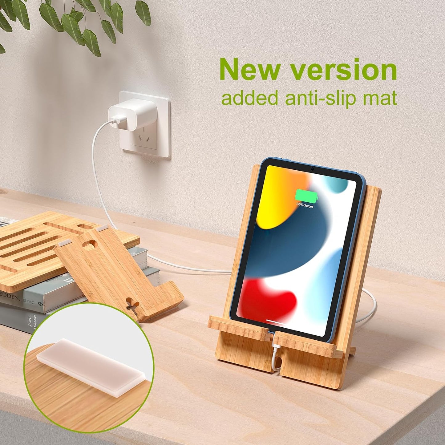 Pezin & Hulin Bamboo Tablet Stand Adjustable, Desktop Cell Phone Stand Holder Dock Compatible with Pad 9.7, 10.5, 12.9, Air 2 3 4 Mini, E-Reader, Phone 8 Plus X XS Max XR (Support to 4.7-13" Devices)