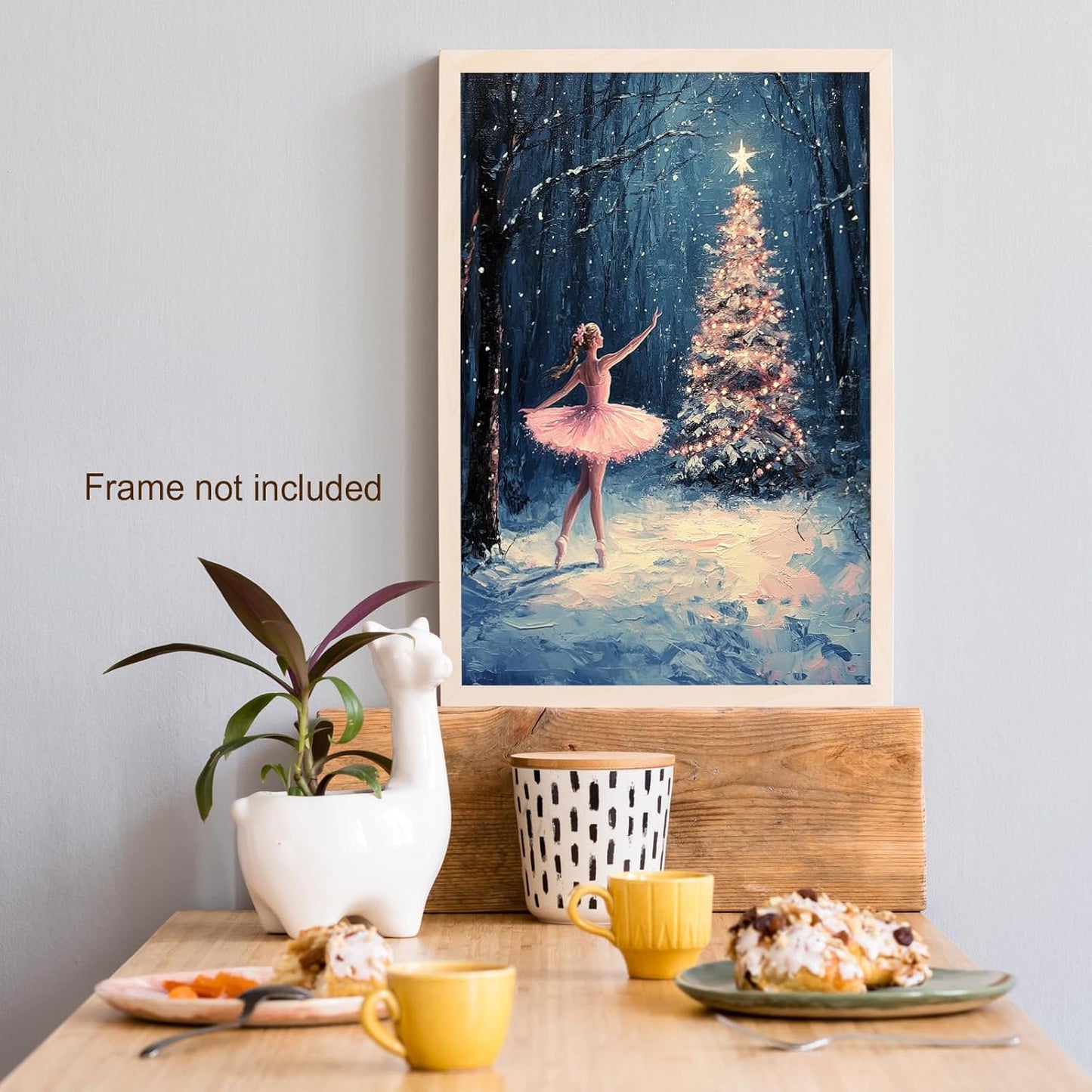Vintage Pink Ballet Christmas Tree Wall Art Retro Lighted Winter Pine Botanical Aesthetic Picture Prints Rustic Scene Winter Room Wall Decor Canvas Posters Farmhouse Holiday Decor16x24in Unframed