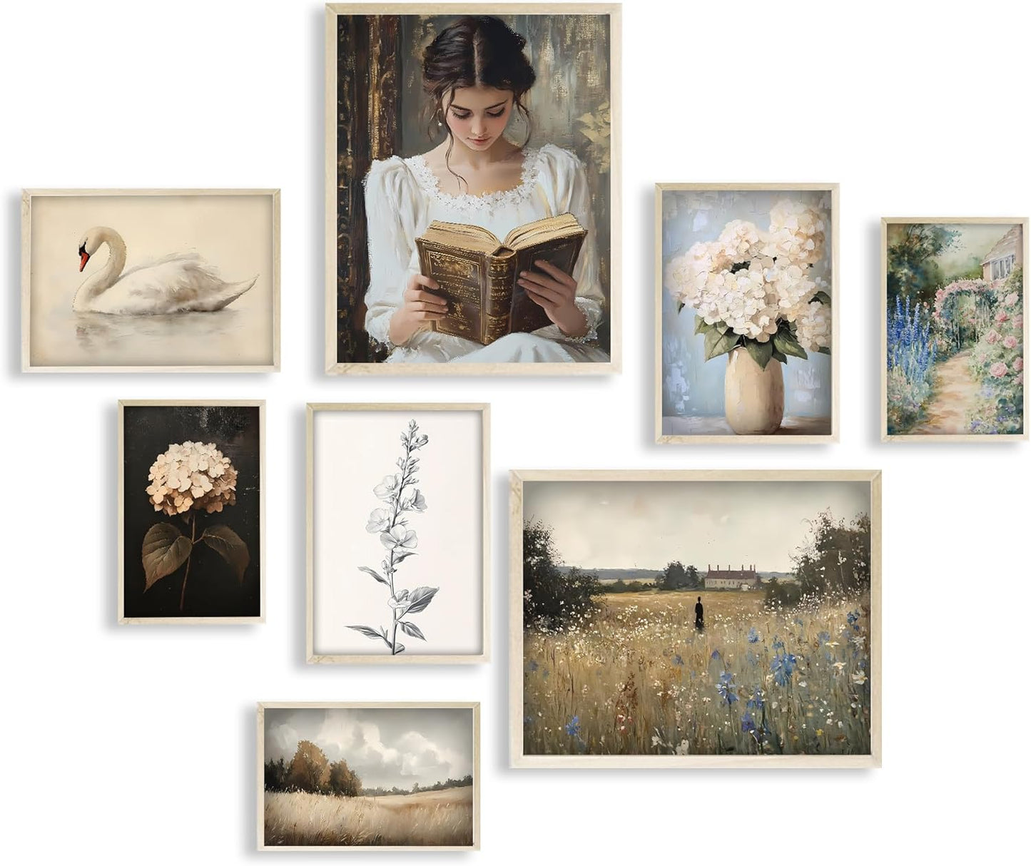 Eastern Print Victorian Wall Art Set of 8 PCS, Vintage Prints for Gallery Wall Decor, French Country Cottagecore Style, Swan, Floral, Classical Woman Reading Artwork for Bedroom, Living Room, Unframed