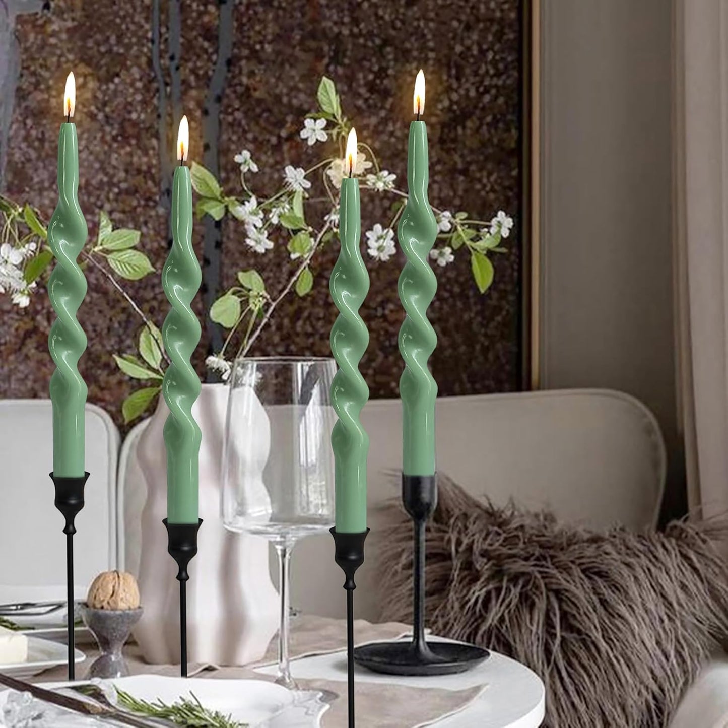10 Inches Spiral Taper Candles Sticks Sage Green Twisted Candle Dripless Unscented Long Candles, Handmade Candlesticks for Wedding Dinner Decor, Set of 4