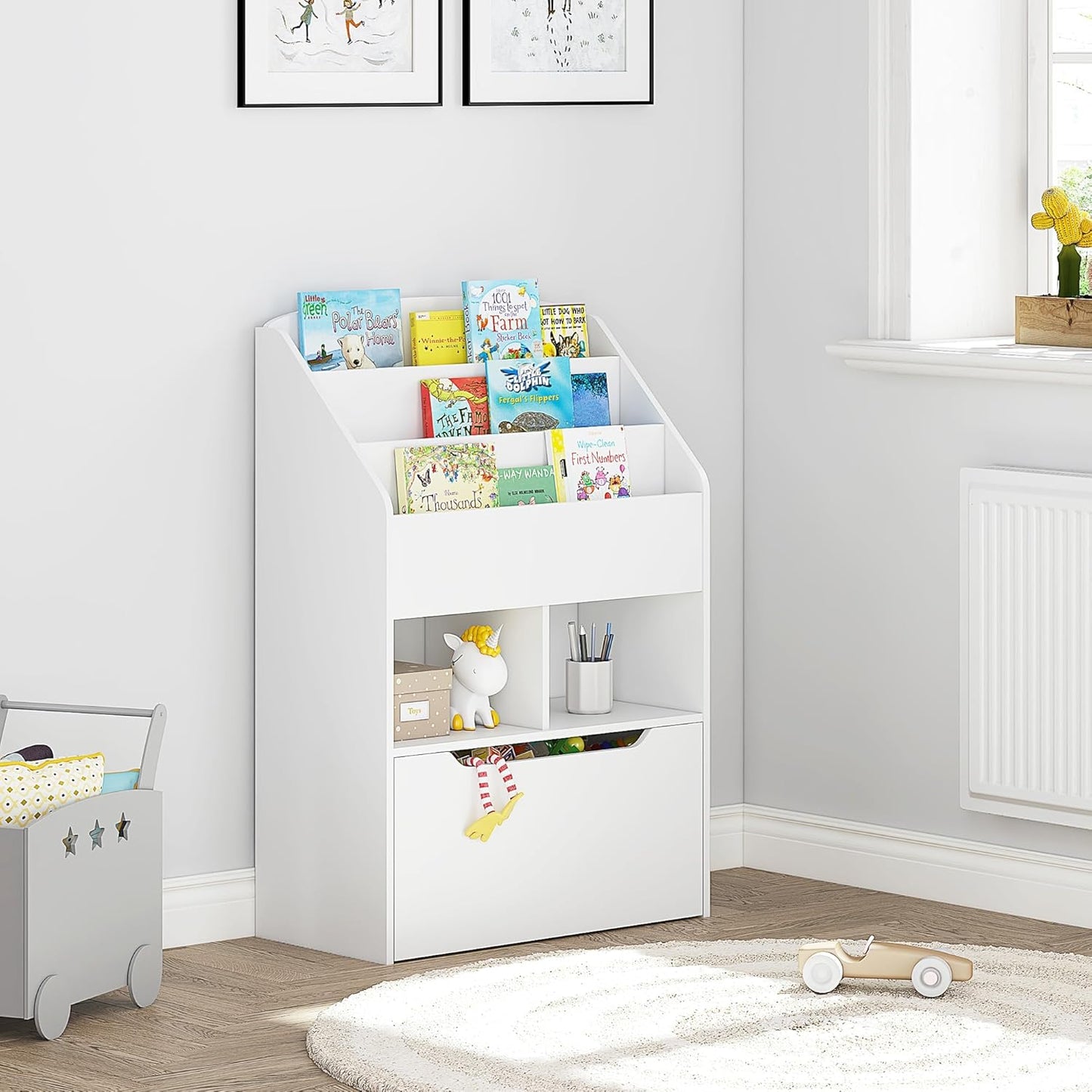 UTEX Kids Bookshelf with Movable Toy Box, Toddler Book Shelf and Toy Storage, Children Book Display Rack Toy Chest Combo for Kids Room & Nursery, White