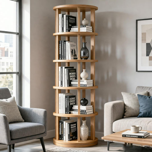 Rotating Bookshelf Tower, Wooden, 5 Tier Vertical Rotate Turning Spiral Corner Organizer, 360° Rotating Book Tower, Ideal for Small Spaces, Living Rooms, Bedrooms (Natural, 5 Tier)