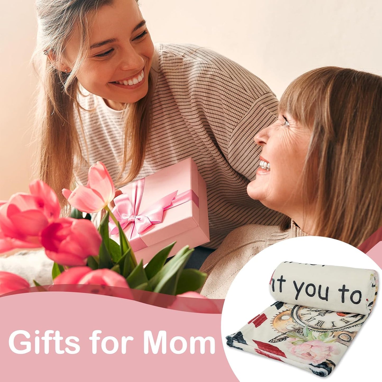 Mom Blanket with Flowers & Letter Print, Mom Gifts for Birthday, Mother’s Day, Christmas, Thanksgiving, Gifts for Mother from Children, Soft Throw Blanket 50" x 60"
