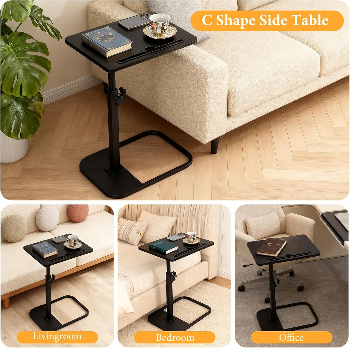 jessie Tv Tray C Table, Adjustable End Table for Couch 360° Swivel C Shaped End Table with Phone Tablet Slot for Living Room, Sofa, Bedside, Bathroom (Black)
