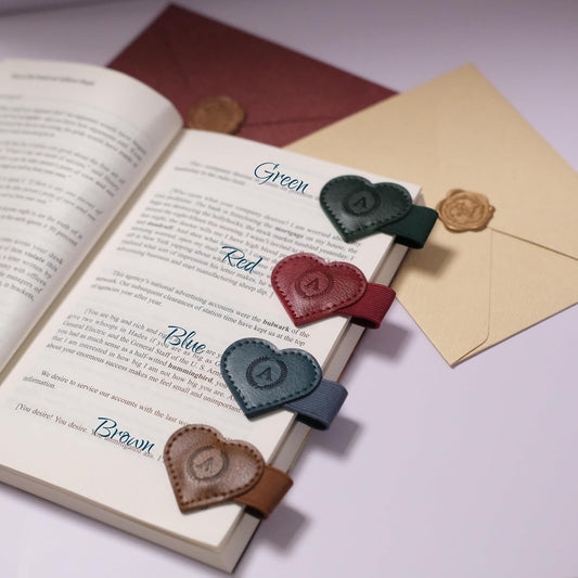 Magnetic Leather Bookmarks with Pen Holder, 26 Letters Name Initial Custom Personalized Heart-Shaped Book Marks for Book Lover Readers, Bygone Cute Leather Bookmark Gift for Women,Girls (Red,K)