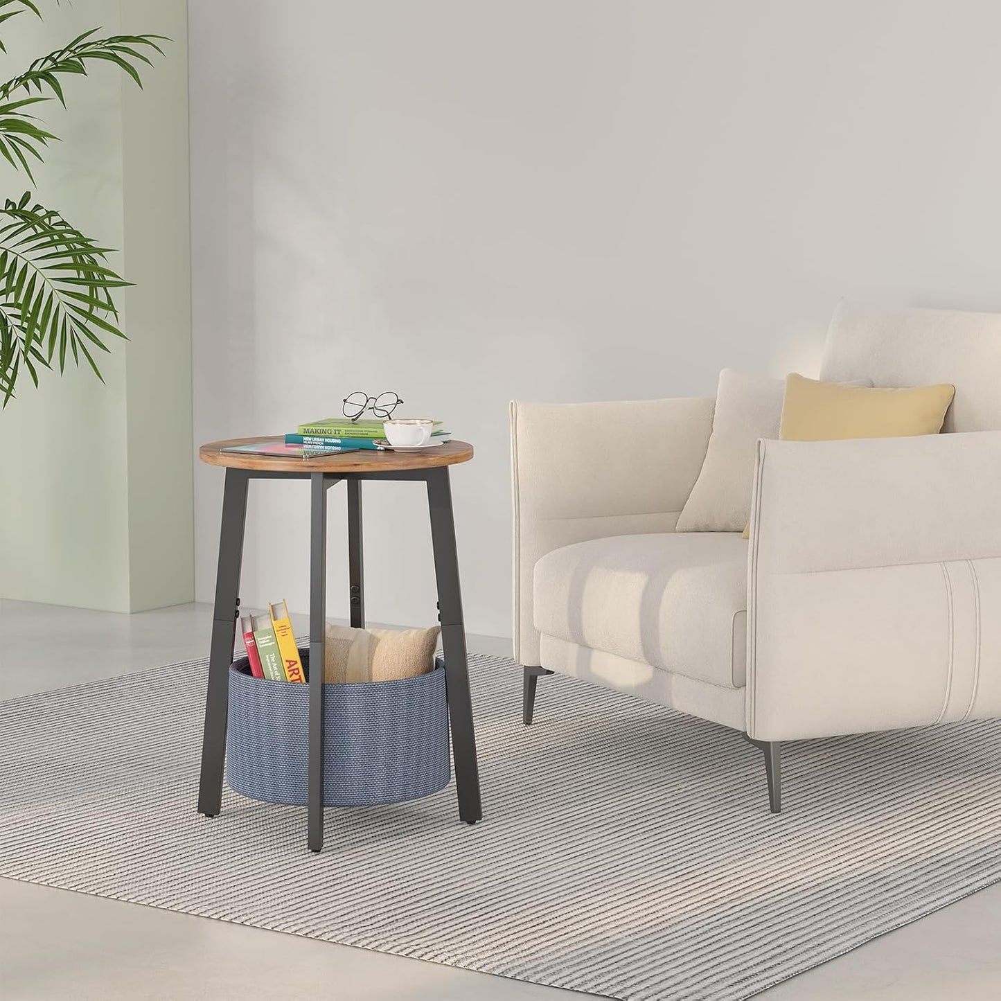Small Round Side End Table with Storage Basket, Round Bedside Sofa Couch Coffee Tables for Small Places with Metal Frame, Modern Nighstands for Living Room Bedroom, Rustic Brown