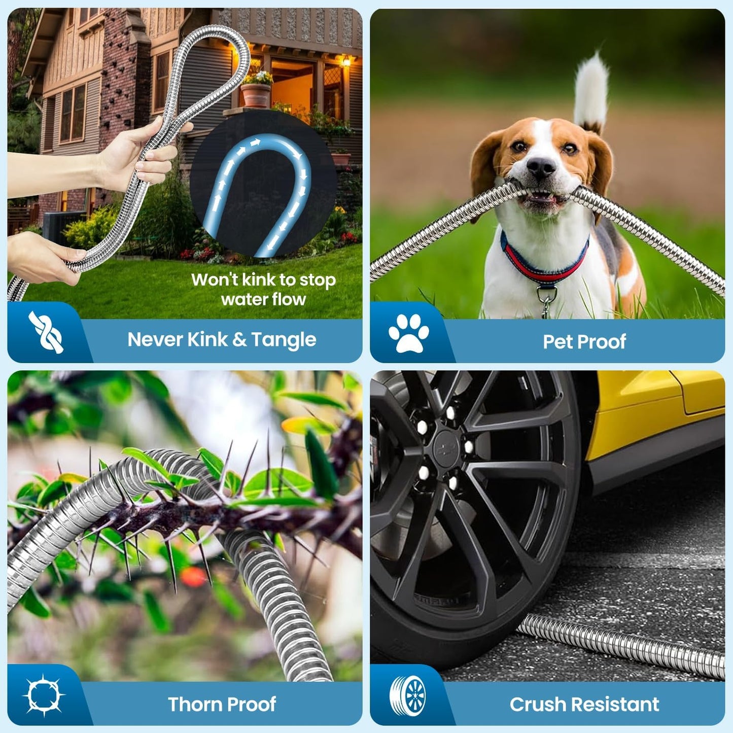 Garden Hose 100FT, Water Hose with 10 Function Nozzle, Garden Hose Metal with Leak-proof Connectors, Kink-Free & Ultra Flexible, Rust/Pet/Puncture Proof for Lawn, Yard, RV, Car Wash, 550PSI