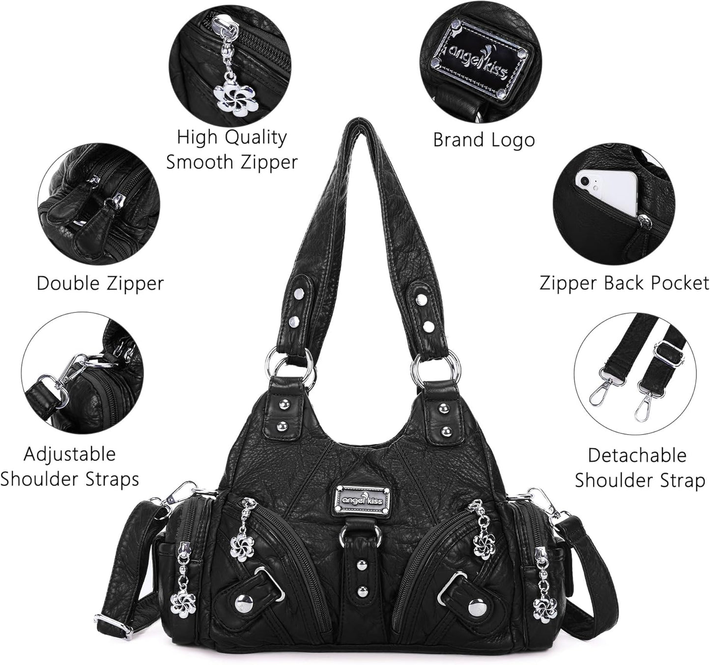 Angel Kiss Purses for Women Small Hobo Shoulder Bags Vagen Leather Multi-Pocket Tote Bag with Zipper