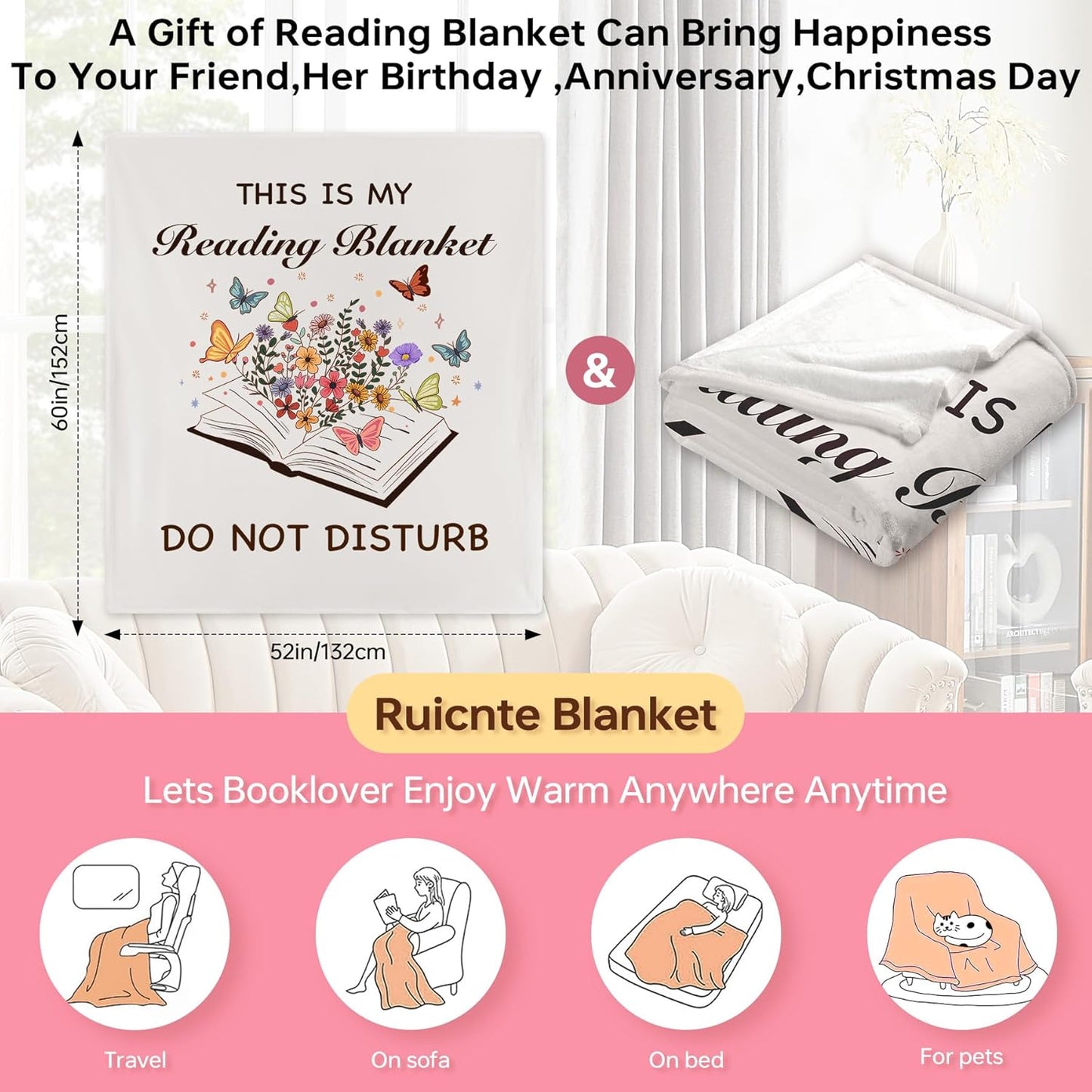 Book Lovers Gifts for Women Men,Book Reading Flannel Blanket 52'' x 60'',Reader Presents for Birthday,Reading Blankets Graduation Gift,Bookish Bookworm Mother's Day Birthday Gift for Women