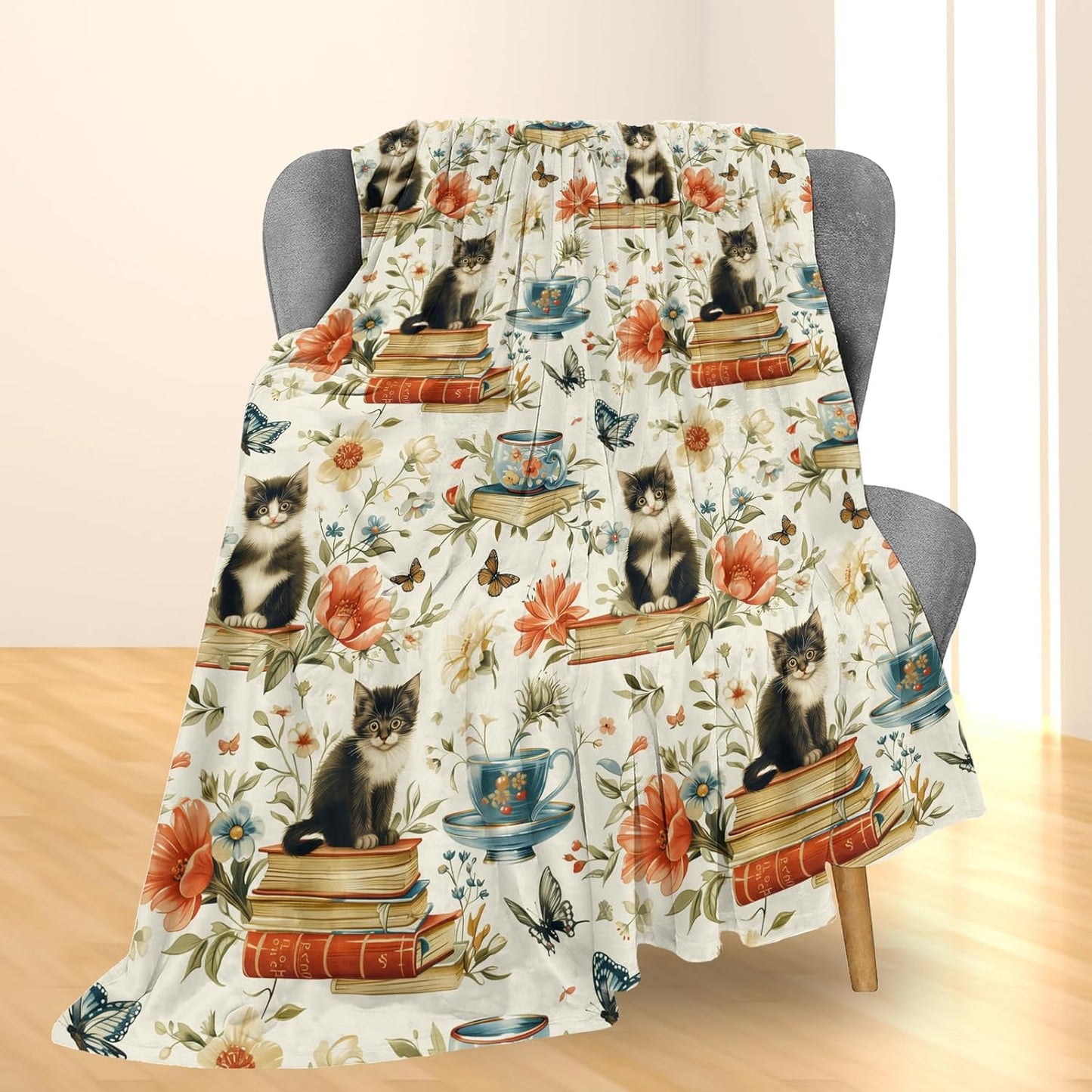 Vintage Cat & Books Blanket, Soft Lightweight Flannel Throw for Couch, Bed, Travel, Living Room & Home Decor, Cozy Warm Fuzzy Blankets for Adults Women Men 60×50 in