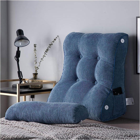Adult Reading Pillow Bed Wedge Large Backrest Lounge Cushion with Pocket Firm Back Support for Sitting Up in Bed Couch(Size:18in/45cm,Color:Blue)