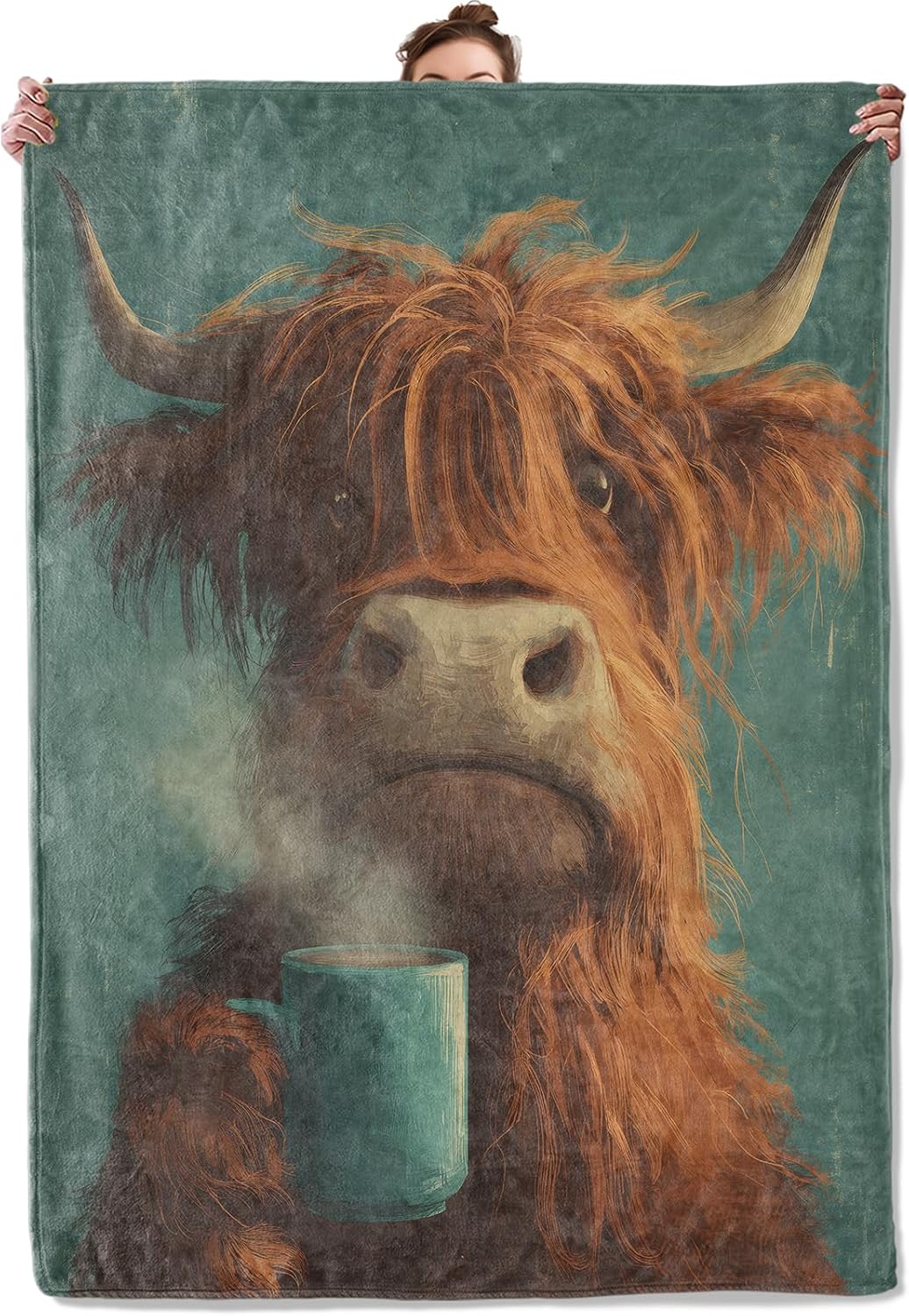 Vintage Highland Cow Coffee Flannel Throw Blanket Rustic Farmhouse Animal Decor for Retro Country Lovers Cozy Lightweight Fleece Blankets Bedroom Couch Dorm Camping Travel Gifts, 50x60inch