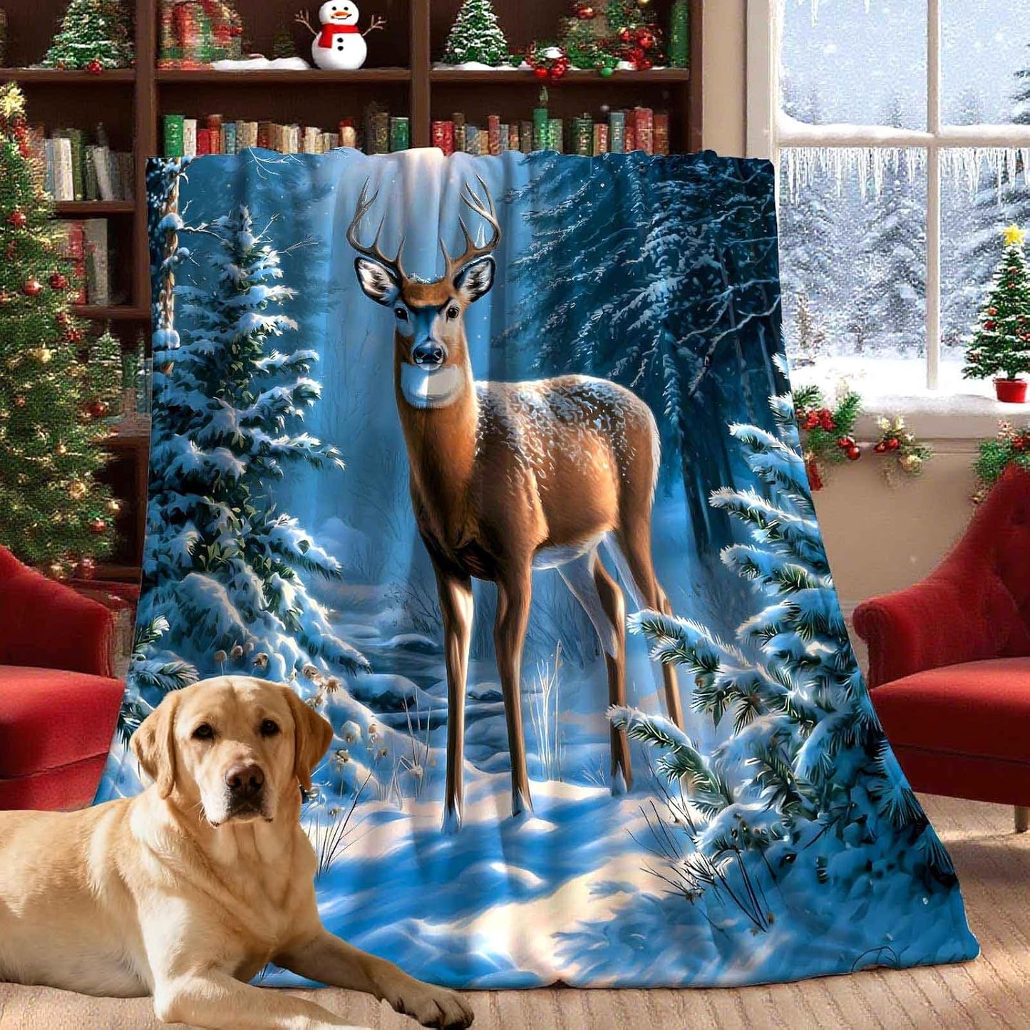 Christmas Throw Blanket Winter Forest Deer Pine Tree Cozy Warm Blankets for Couch Sofa Bed Home Decor Microfiber Flannel All Seasons 50x60 Inches