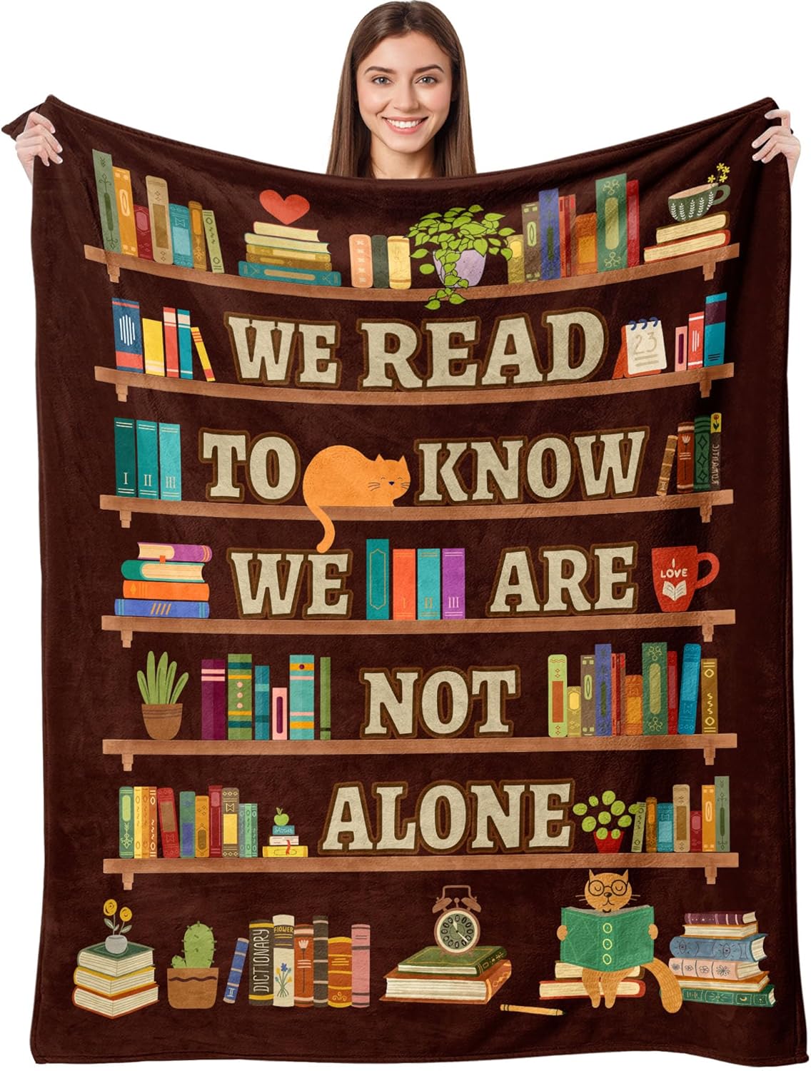 Decorative Reading Throw Blanket, Fuzzy Soft Cozy Flannel Blanket for Home Bed Sofa Couch, Motivational Bookshelf Design, 50x60 Inch