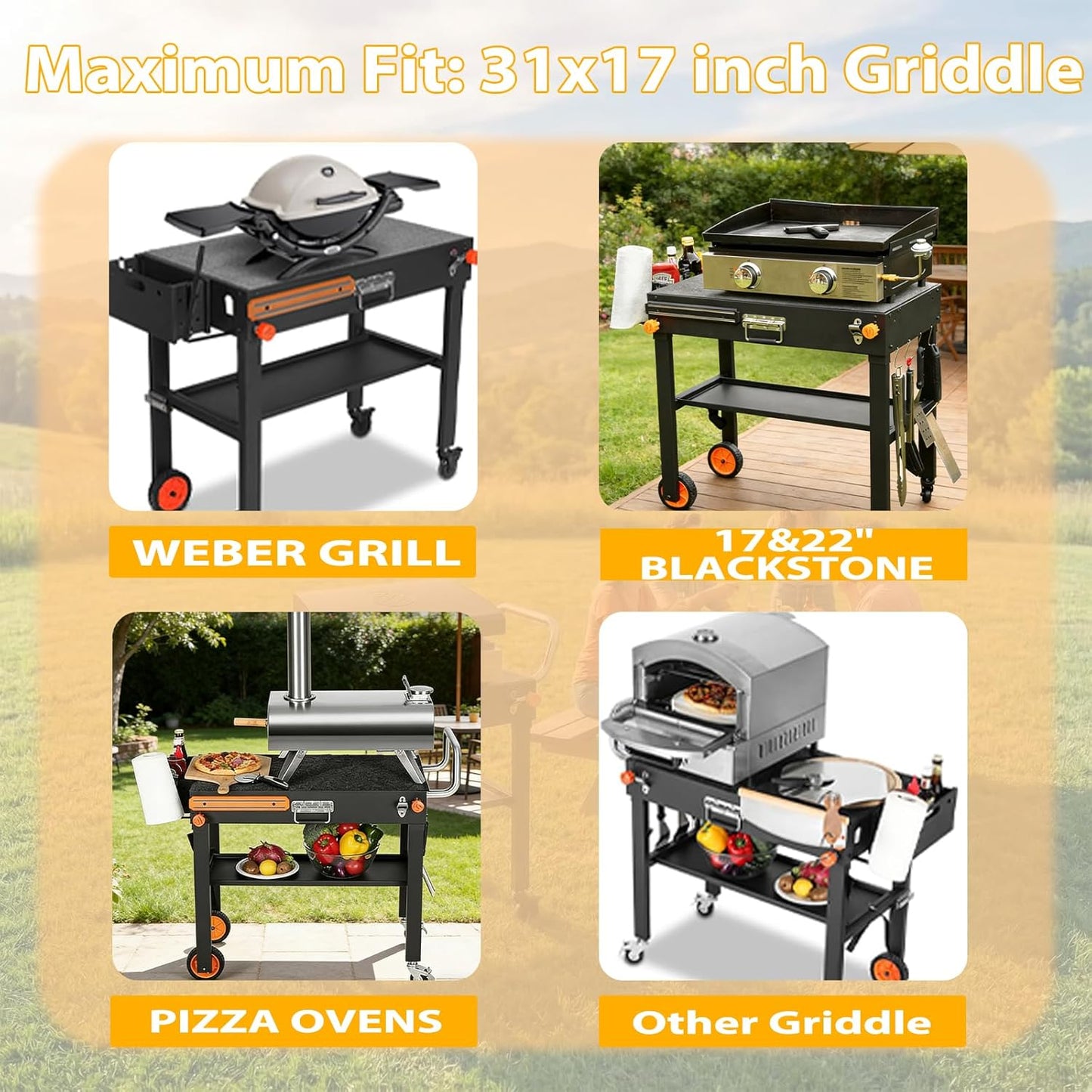 Foldable Heavy-Duty Grill Cart, Outdoor Grill Table Compatible with Blackstone 17/22” Griddles.Designed for Outdoor and BBQ Enthusiasts, Easy to Move, Ideal for Camping, Tailgating and Backyard Party