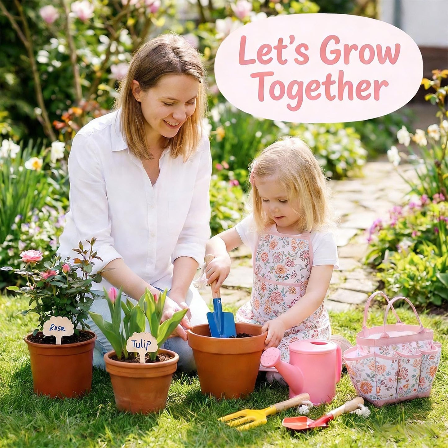 Kids Gardening Tools Set Toddler Gardening Kit with Apron & Tote Bag, Shovel, Fork, Trowel and Gloves, Outdoor Gardening Toys Easter Gifts for Children Ages 3-10