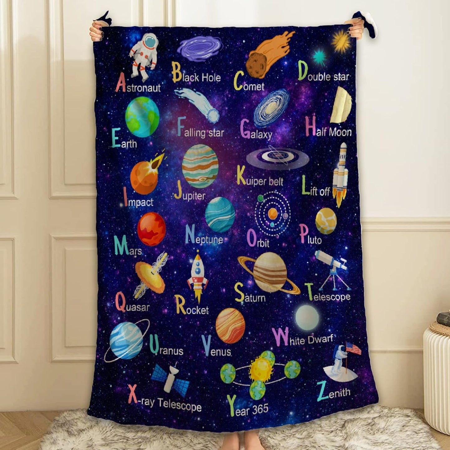 Space Alphabet Throw Blanket Fannel Fleece Super Soft Funny Blanket Travel Throw Blanket for Bed Couch Sofa 40 x 50 Inch for Kid