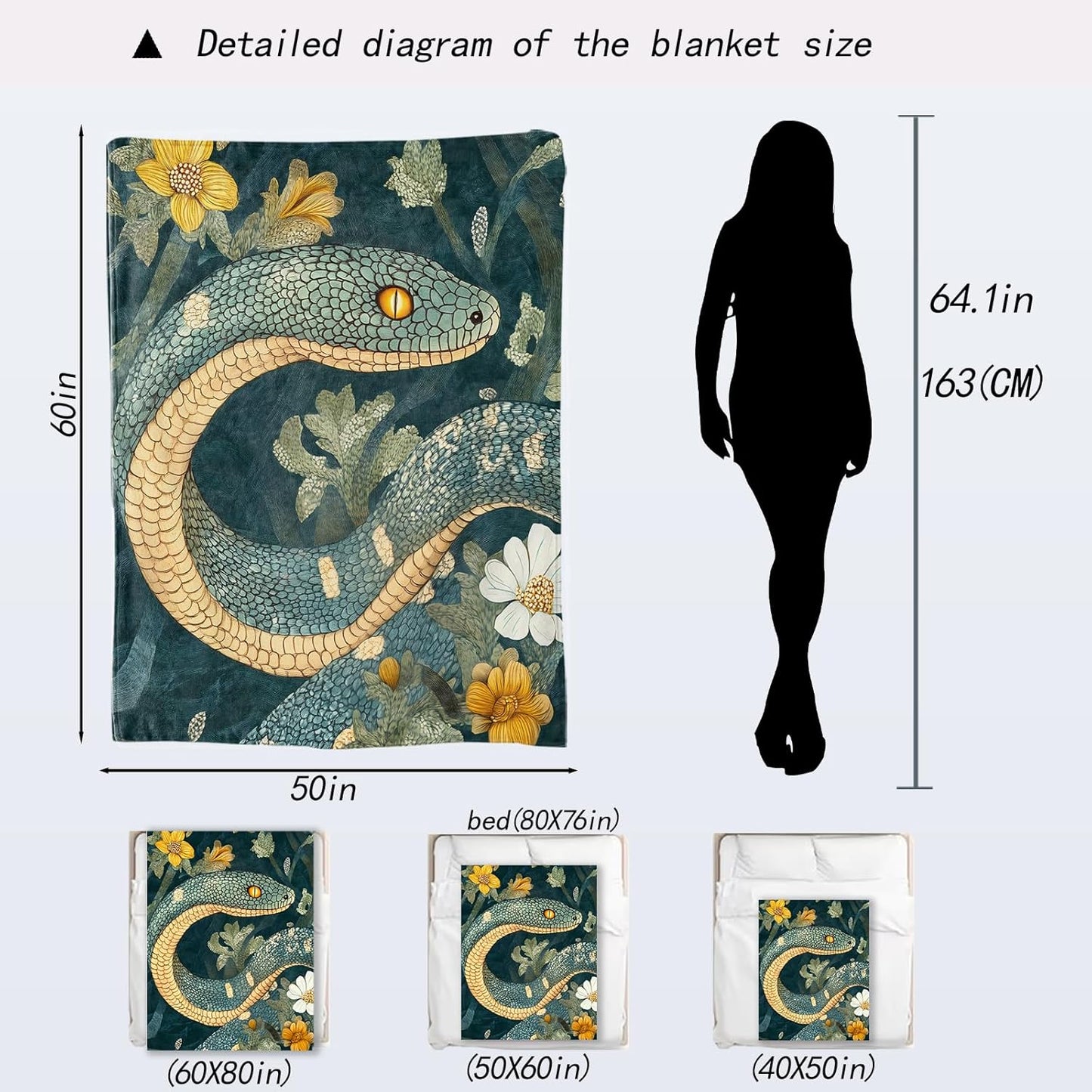 Snake Blanket - Cool Serpentine Dark Green Botanical Fleece Throw,Gifts for Adult, Soft & Warm,Lightweight, for Modern Artistic Decor, Living Room Home Accent 60x80in