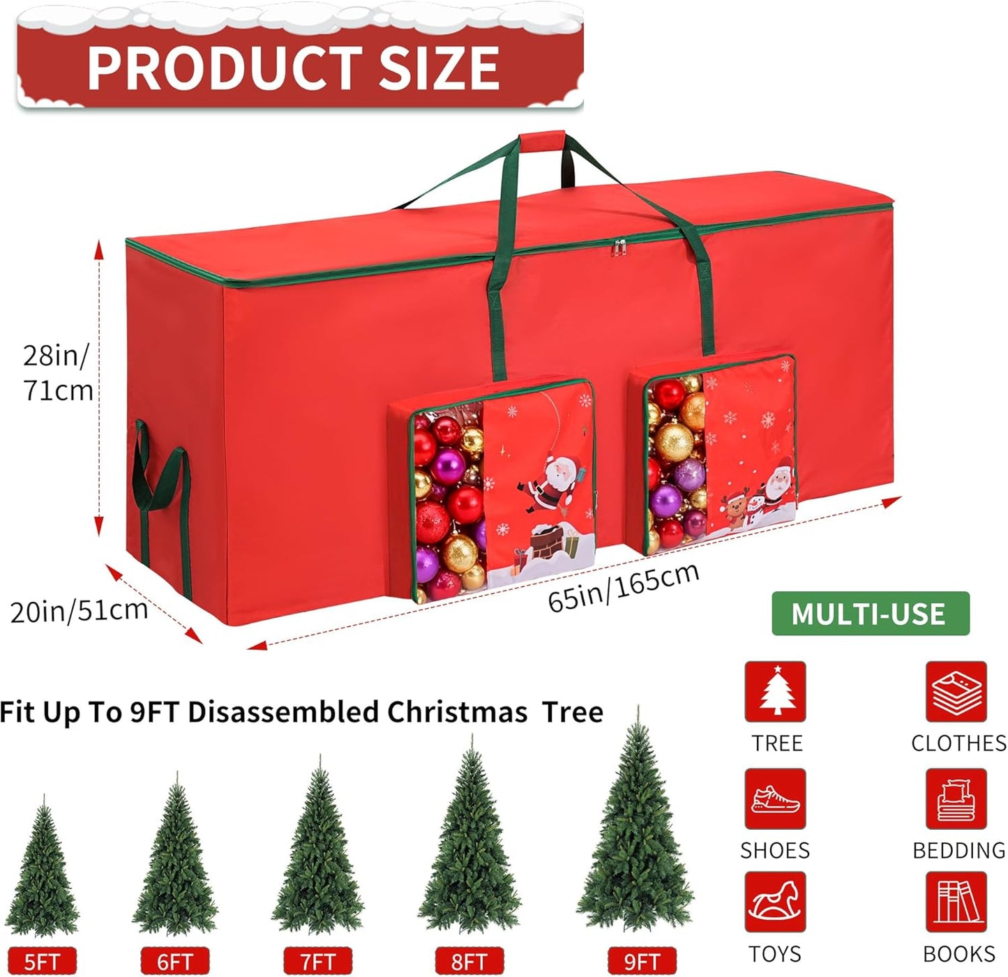 Christmas Tree Storage Bag, Heavy Duty 600D Waterproof Oxford Fabric Fits Up 9 FT Xmas Trees, Moistureproof Artificial Trees Container with Reinforced Carry Handles & Dual Zipper, Red
