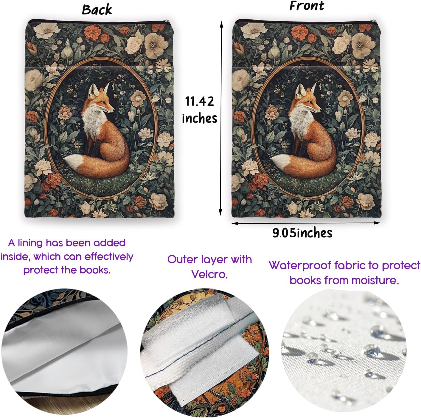 Vintage Flower Fox William Morris Book Sleeve for Book Lovers, Bookish Book Protector with Zipper, Washable Fabric Book Cover for Paperbacks & Hardcovers,11.4 x 9.1Inches (White Flower-Fox, Medium)