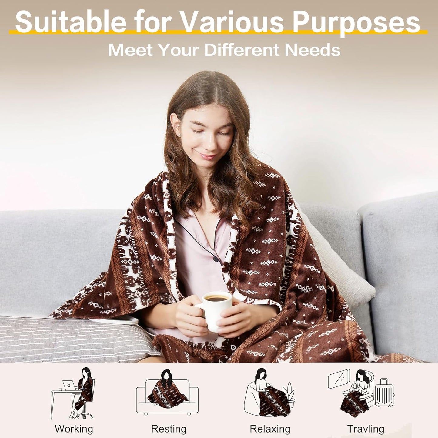 Gintao Electric Heated Blanket Throw,Double Flannel Electric Throw with 3 Heating Levels,ETL&FCC Certified, 4H Auto Off Overheat Protection,Heating Blanket for Home Office, 50"x60"Brown