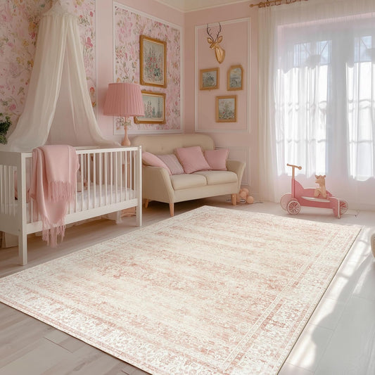 Pink Nursery Rug for Baby Girl 5 x 7 Neutral Blush Pink Boho Cute Floral Foldable Machine Washable Low Pile Soft Surface Carpet Area Rugs for Living Room Bedroom Dorm Kids Playroom,5x7