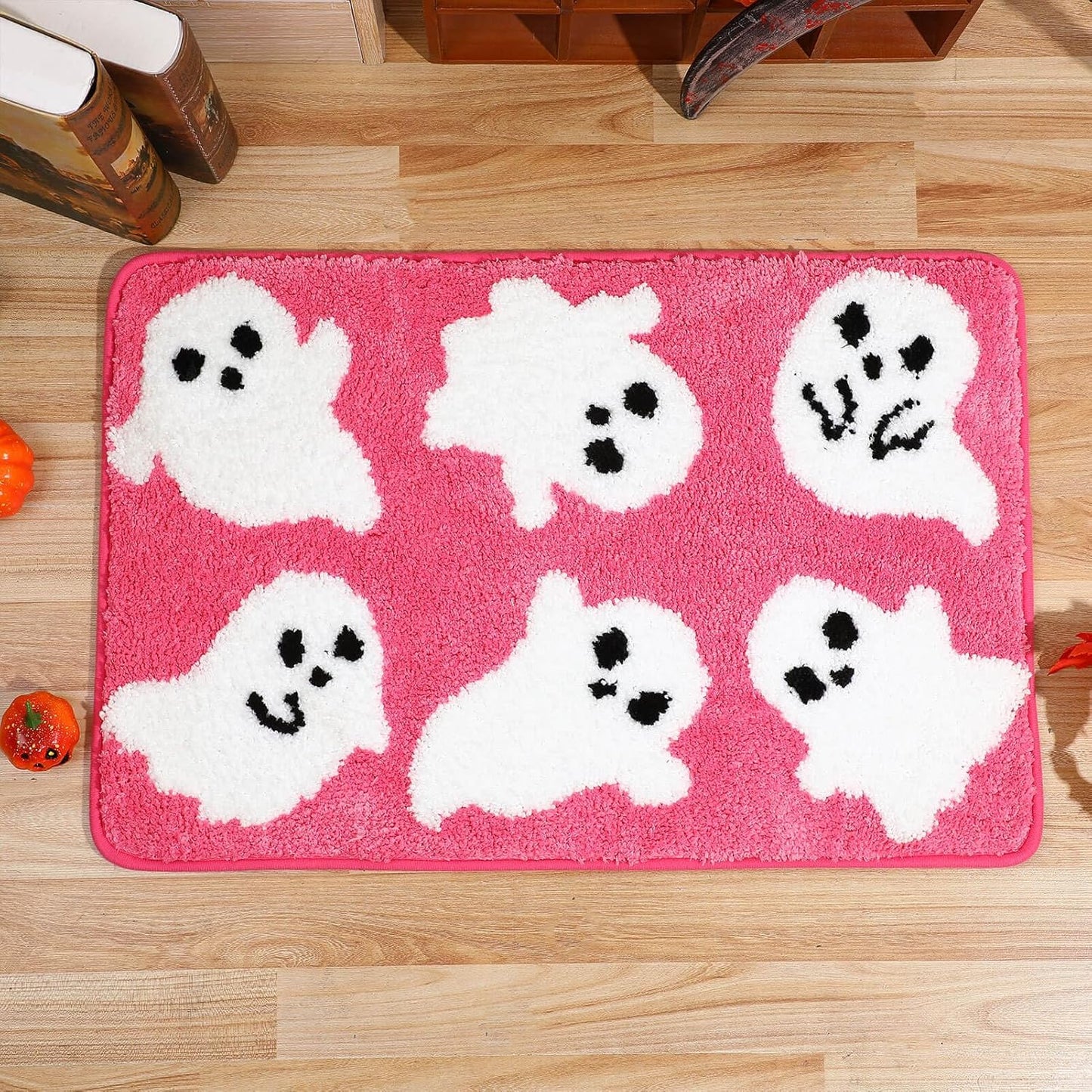 Halloween Bath Mat, Pink Ghost Bathroom Rugs Non-Slip, Soft Absorbent Washable Bath Rug for Shower Floor, Cute Rug for Bedroom Home Decor - Unique Gift