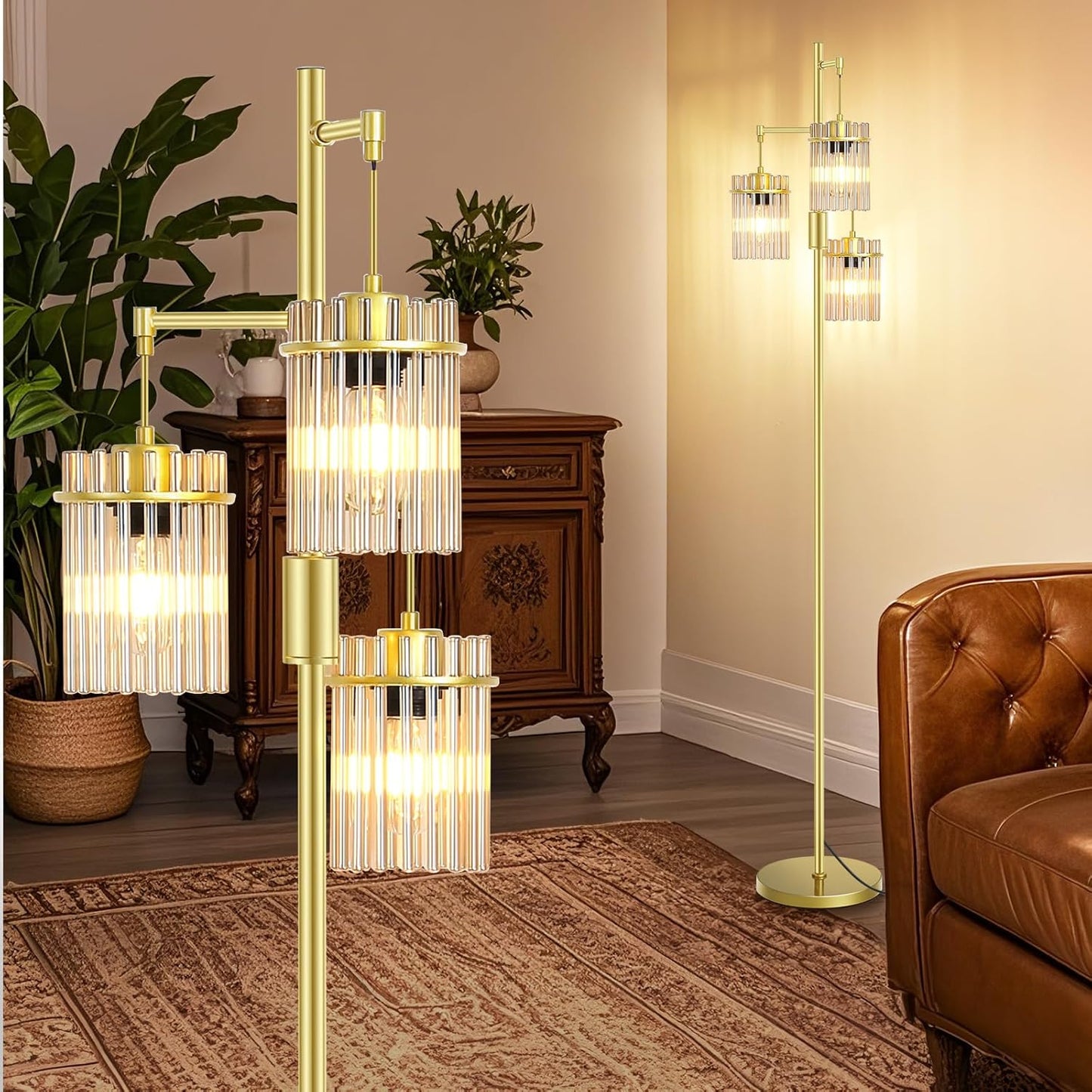 Industrial Modern Floor Lamps for Living Room, Dimmable Glass Tree Standing Tall Lamps with 3 Elegant Teardrop Cage Head & 800 Lumens LED Bulbs for Bedroom Office (65inch Tall)