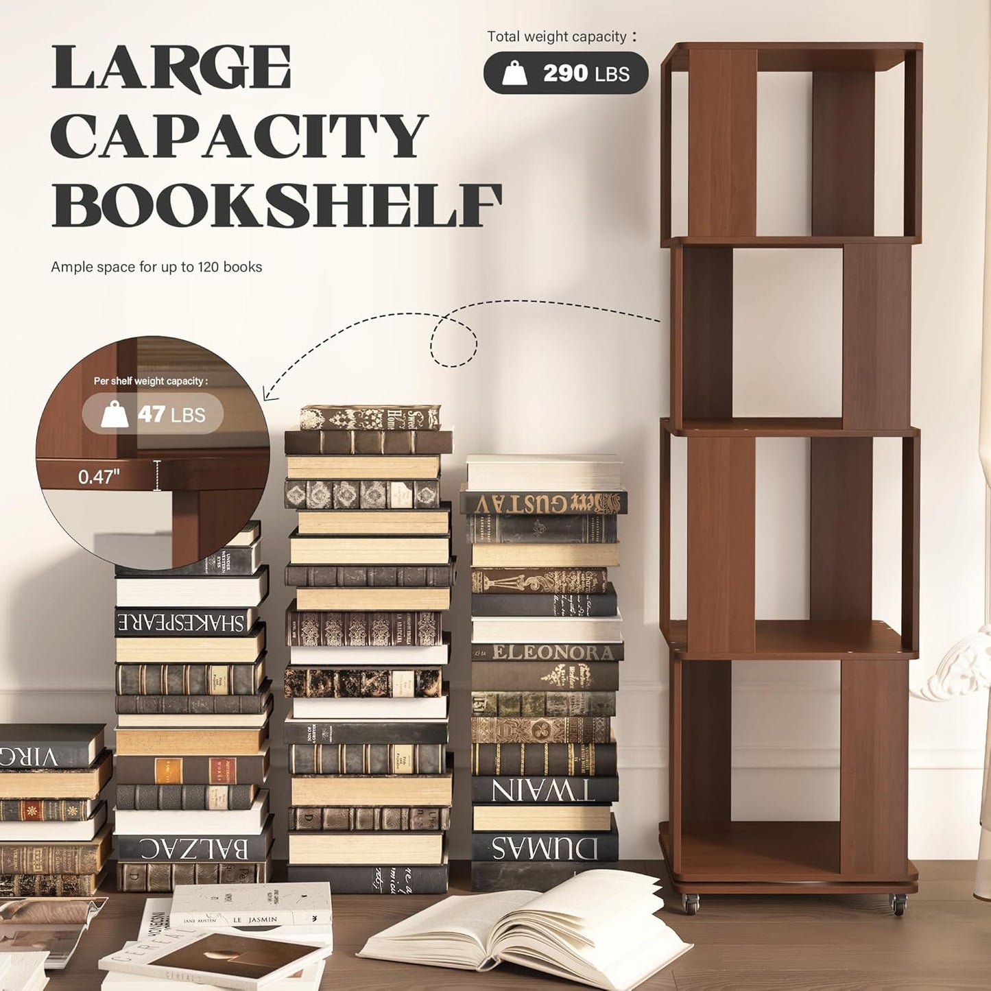 4 Tier Solid Wood Rotating Bookshelf Tower on Wheels, 360° Upgrade Spinning Book Shelf, Revolving Bookcase Organizer, Swivel Bookshelves for Small Spaces, Corner, Bedroom, Kids Room, Office (Walnut)