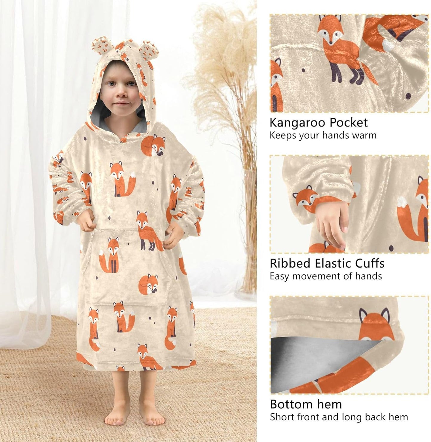 YETTASBIN Fox Wearable Blanket Hoodie for Kids, Oversized Soft Cozy Flannel Sweatshirt Blanket with Pocket