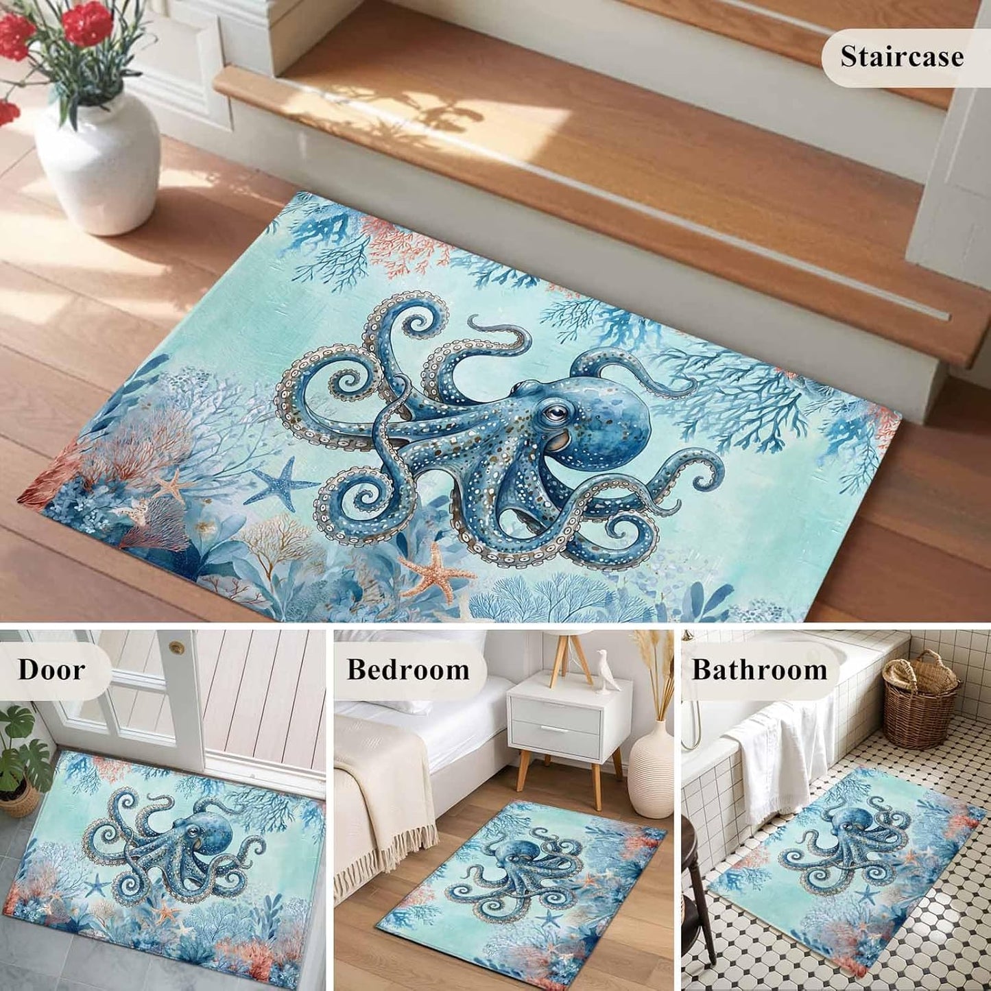 2x3 Ft Entryway Area Rug, Coastal Octopus Blue Kitchen Rug Runner Washable Floor Mat, Summer Beach Nautical Coral Starfish Non Slip Indoor Door Mat Throw Carpet for Bathroom Living Room