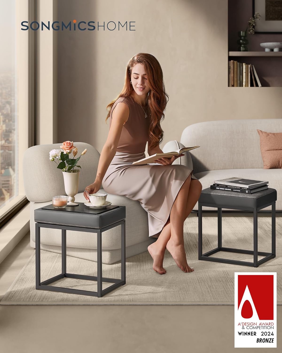 SONGMICS Home LUIZ Collection - Ottoman Footstool, Rectangle Ottoman, Vanity Chair Stool, Footrest, Reversible Top, Side Table, Max. Load 660 lb, Bedroom Living Room Entryway, Dove Gray ULOM079G01