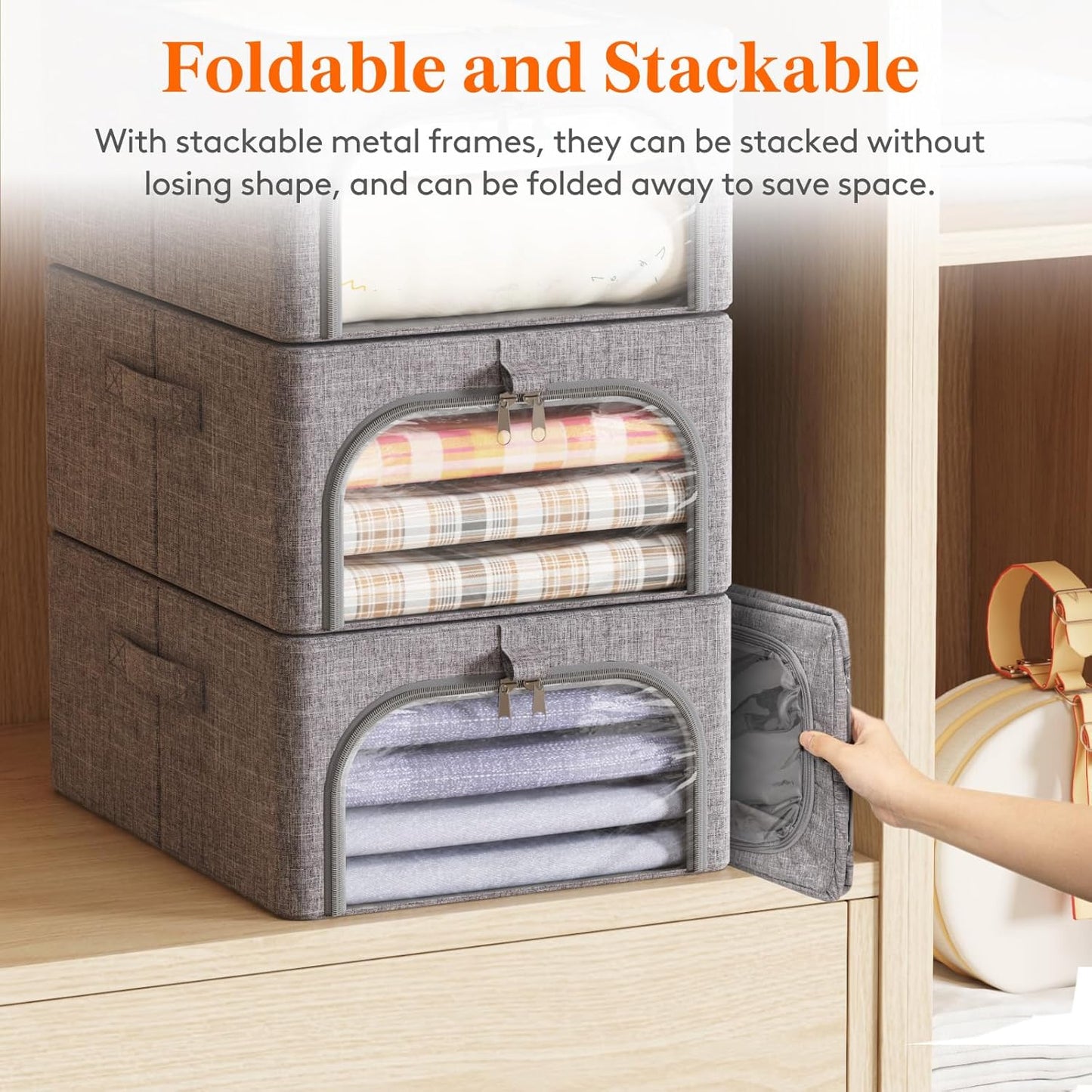 Lifewit Clothes Storage Bins with Metal Frame 3 Pack, Fabric Stackable Storage Bags with Lids, Zipper, Foldable Clost Organizers Containers for Clothing, Blanket, Winter Cloth, 25L