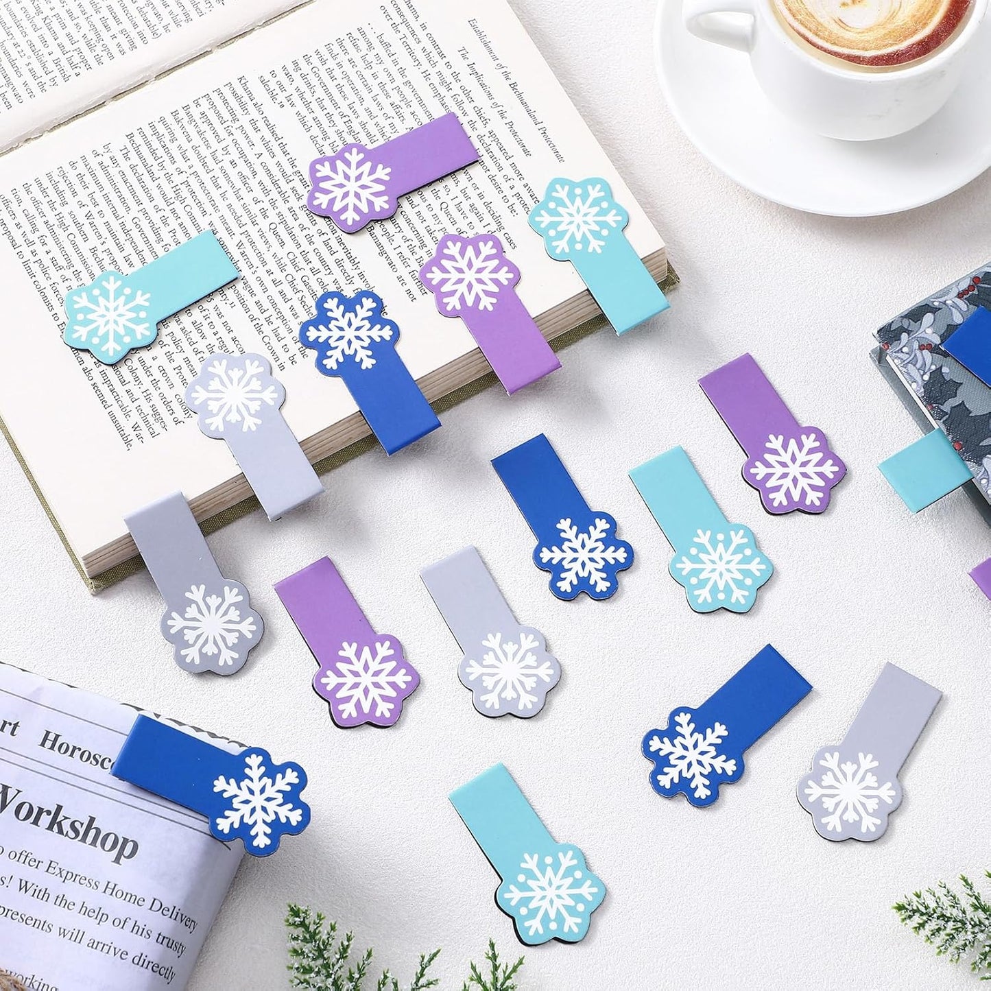 Clabby 48 Pcs 4 Style Mini Size Snowflake Magnetic Bookmarks Winter Snowflake Page Clip Magnet Book Page Markers Set with Magnet Book Marker for Lovers Winter Party Supplies Christmas Reading Gifts