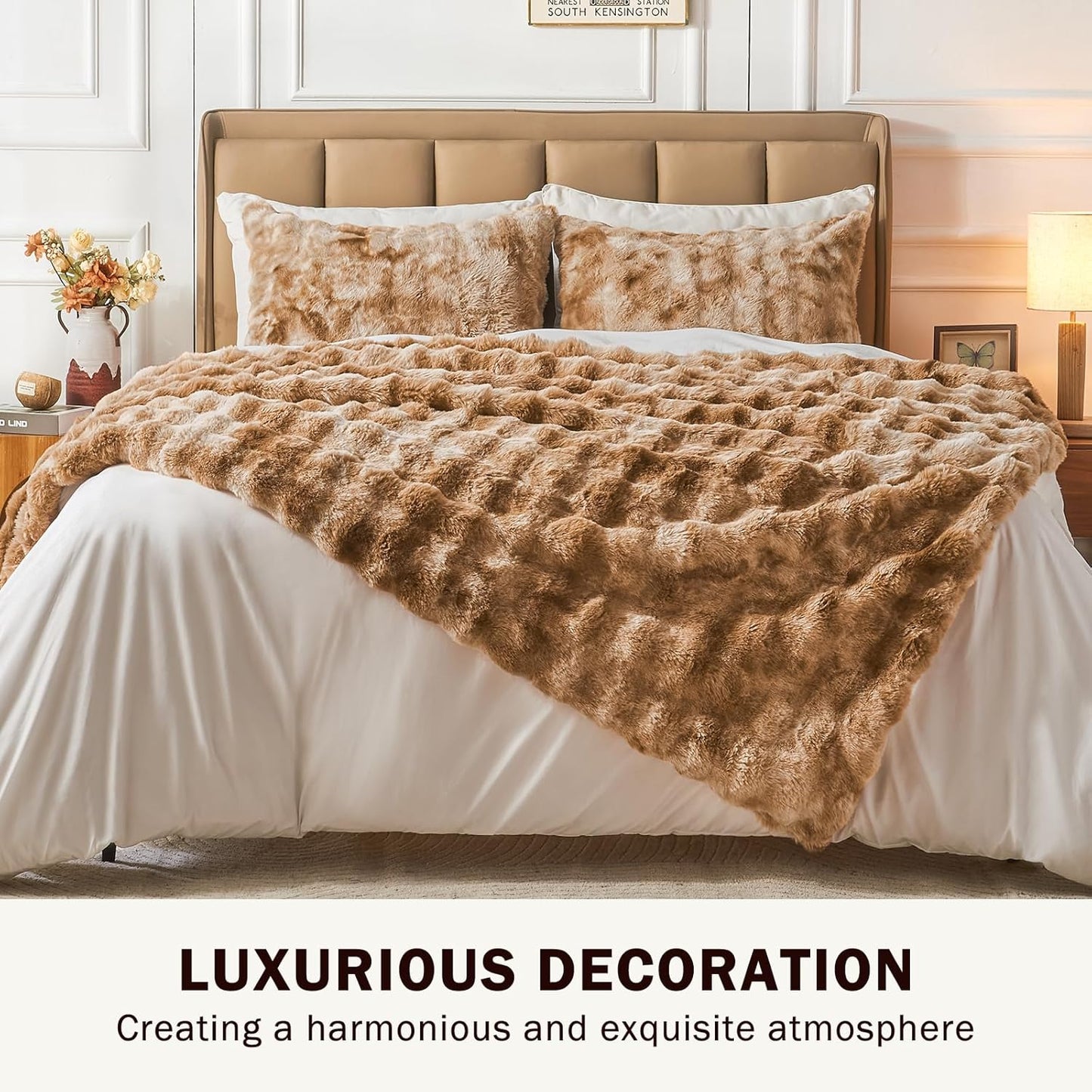 EMME Faux Fur Throw Blanket Tie Dye Brown - Big Bubble Rabbit Cozy Blanket for Couch, Small Fluffy Fuzzy Cozy Blanket, Thick Furry Plush Shaggy Blankets, 650GSM, 50x60 Inches