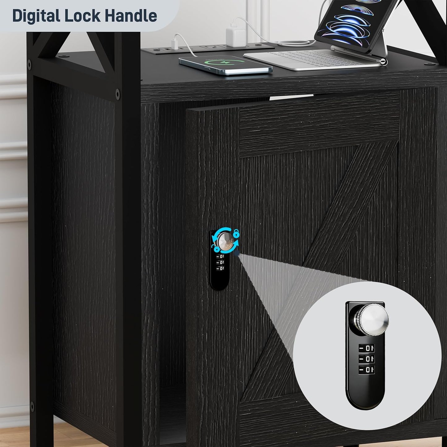 Wooden Nightstand with Charging Station, Bed Side Table with Drawers, Bedside Table with Lock, 3 USB & 2 Outlets, Night Stand with Cabinet Storage, End Table for Bedroom, Black