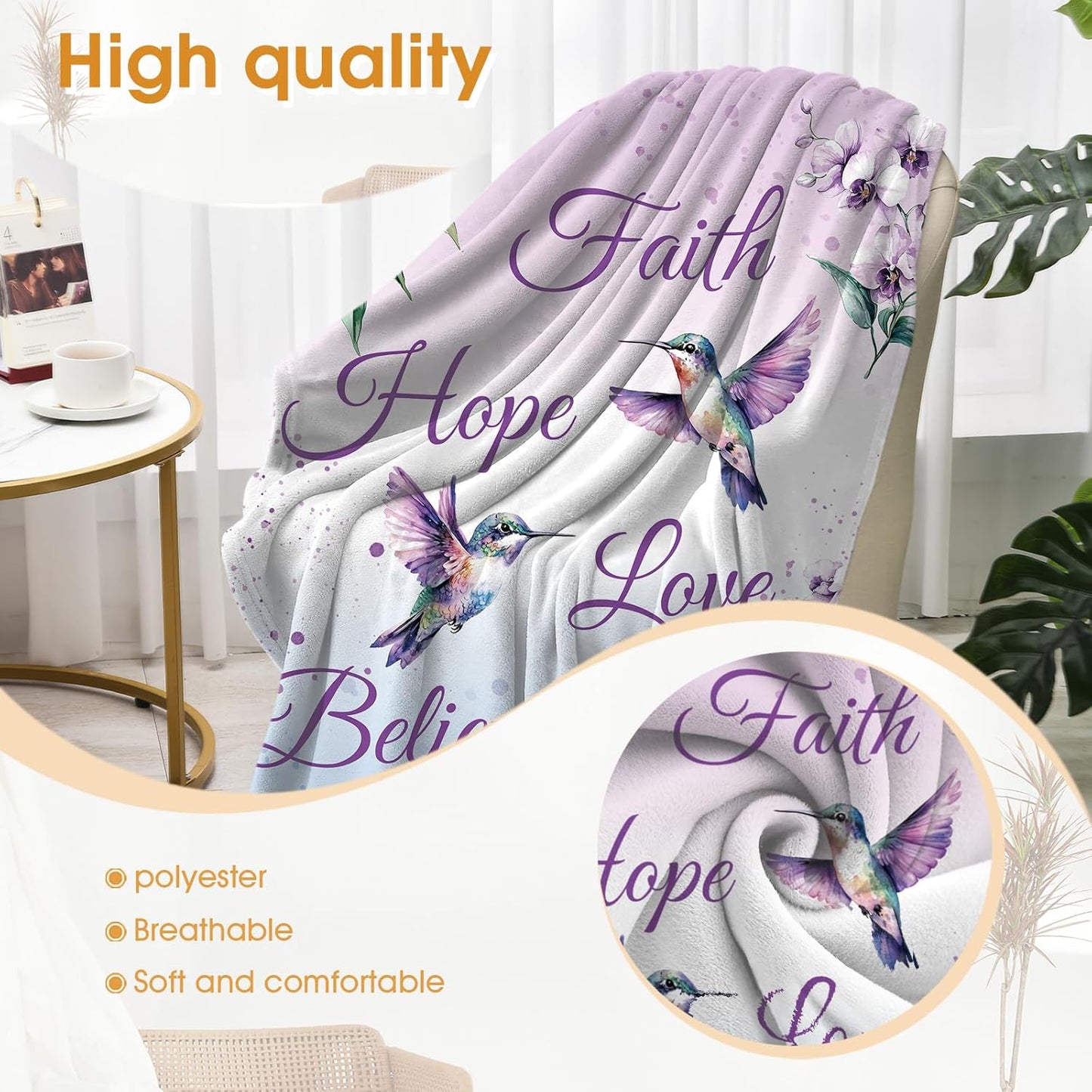 Hummingbird Floral Bird Blanket Purple Flowers Gifts for Women Kids Girls Mom Wife Female Friends Birthday Spring Room Decor Colorful Soft Plush Throw Blankets 50"x60"