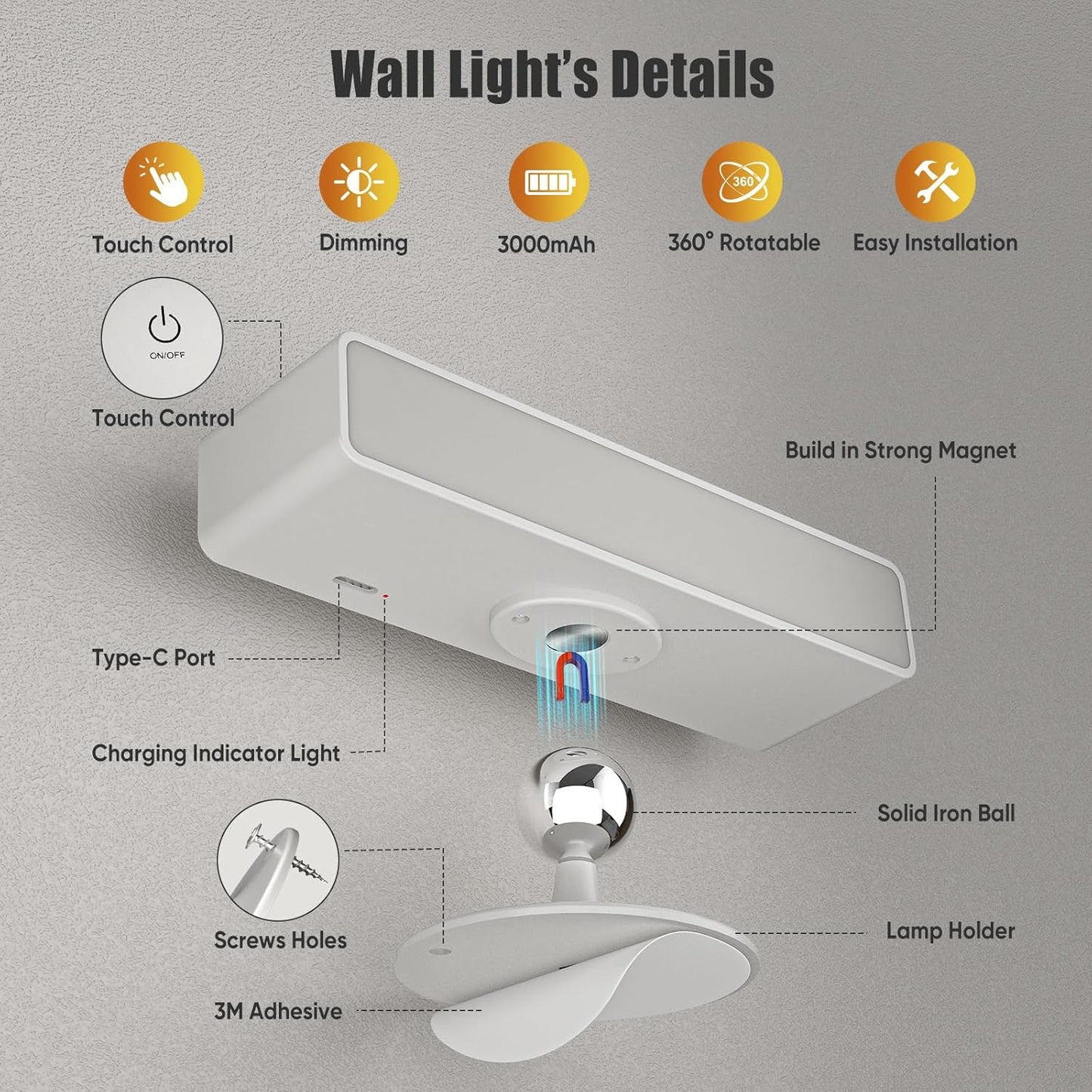 Honalia Rechargeable Wall Lights 2 Pack, Dimmable Cordless Wall Sconce with Magnetic 360° Rotation & Touch Control, Battery Powered Wall Mounted Lamp for Bedroom, Bedside Reading, Renters (No Wiring)