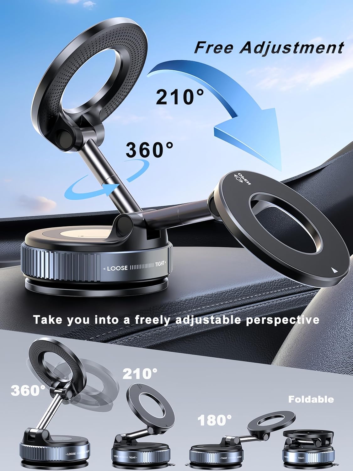 Upgraded 360° Nano Gel Vacuum Magnetic Phone Holder, 108+LBS Heavy Duty Suction Cup Phone Mount for Car Dashboard & Windshield, 3000gf MagSafe Compatible with iPhone 17/16 Pro Max