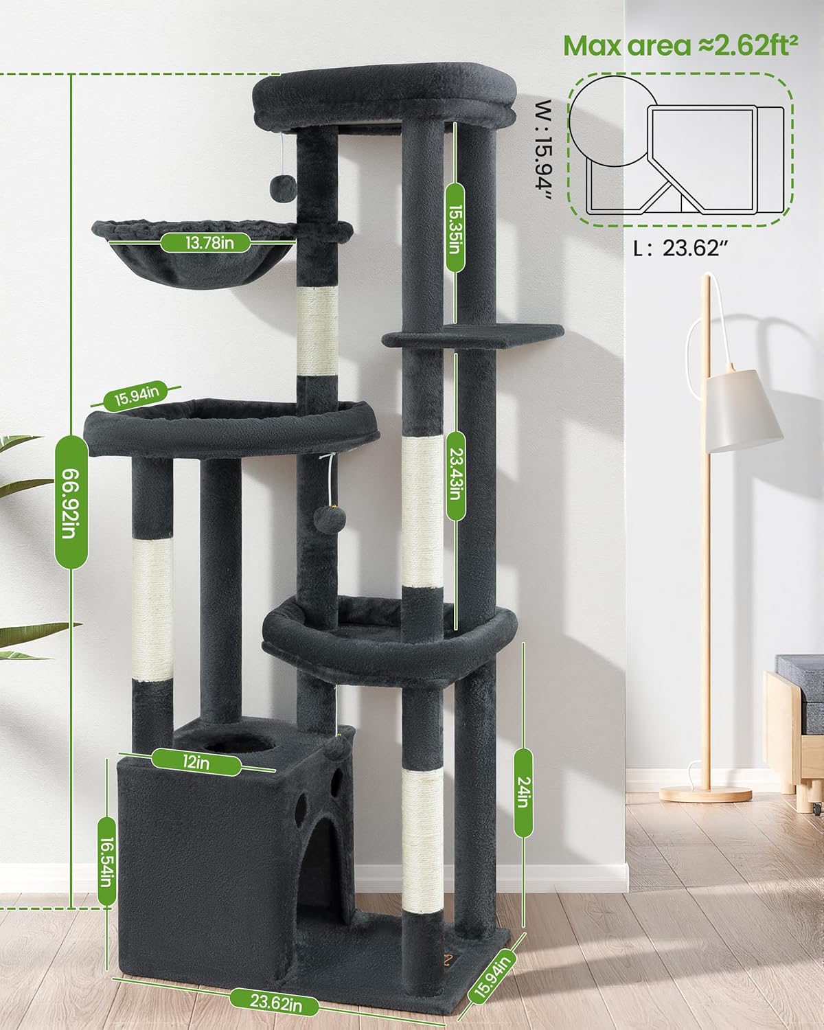 Multi-Level Cat Tree Tower for Indoor Cats, 67 inch Tall XL Heavy Duty Climbing Tower with 3 Large Platform, Scratching Post, Hammock, Kitty Condo for Multiple Cats, Extra Large Cat Trees, Dark Grey